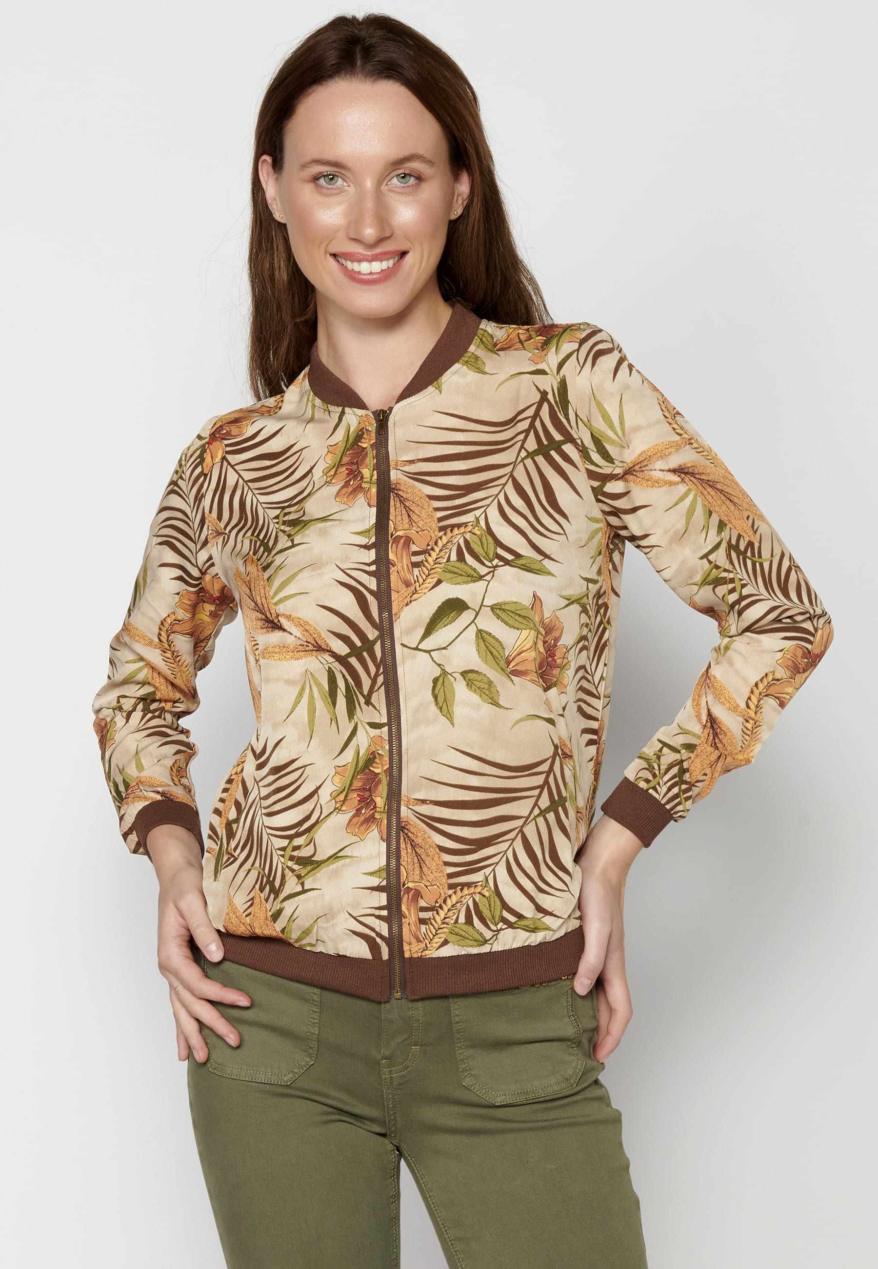 Beige floral print long-sleeved sweatshirt jacket for Women
