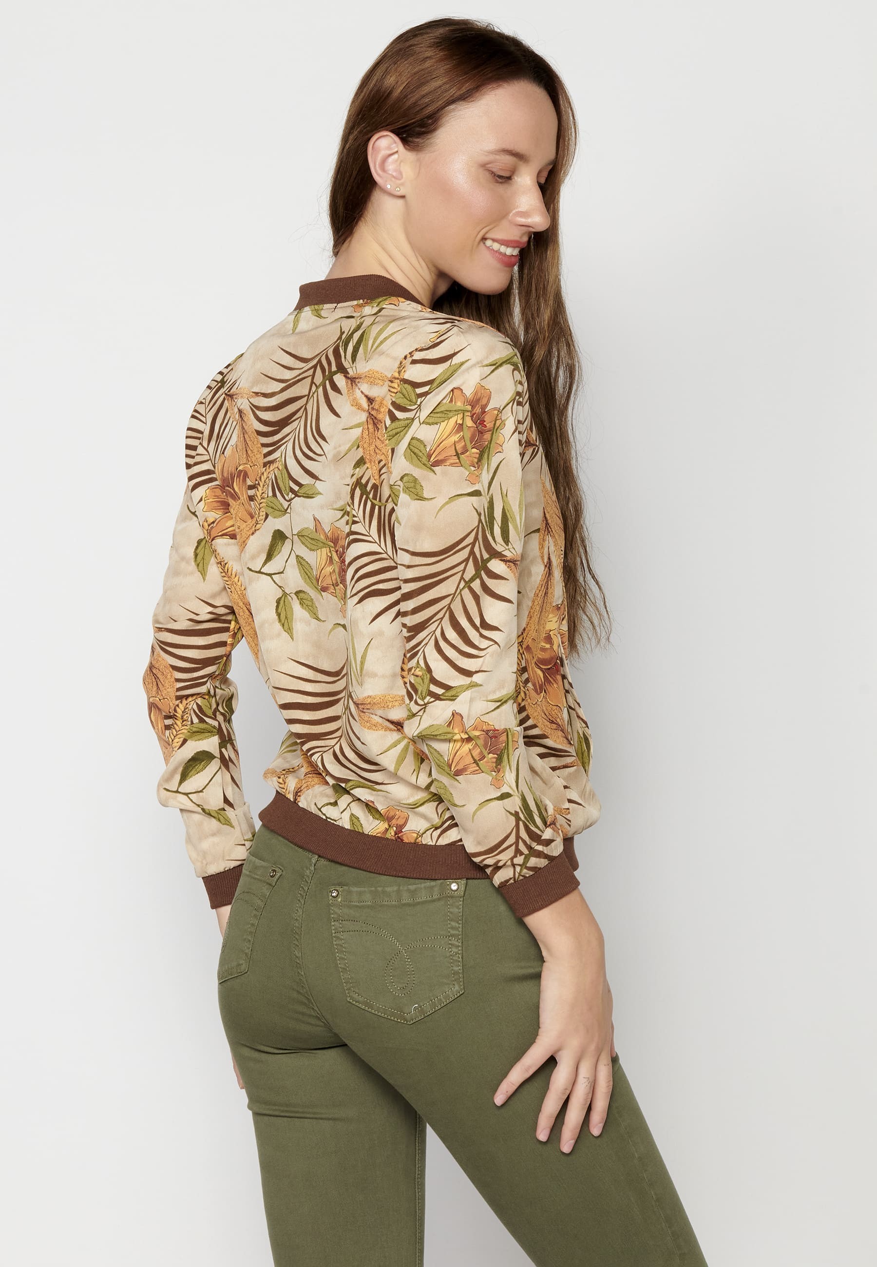 Beige floral print long-sleeved sweatshirt jacket for Women