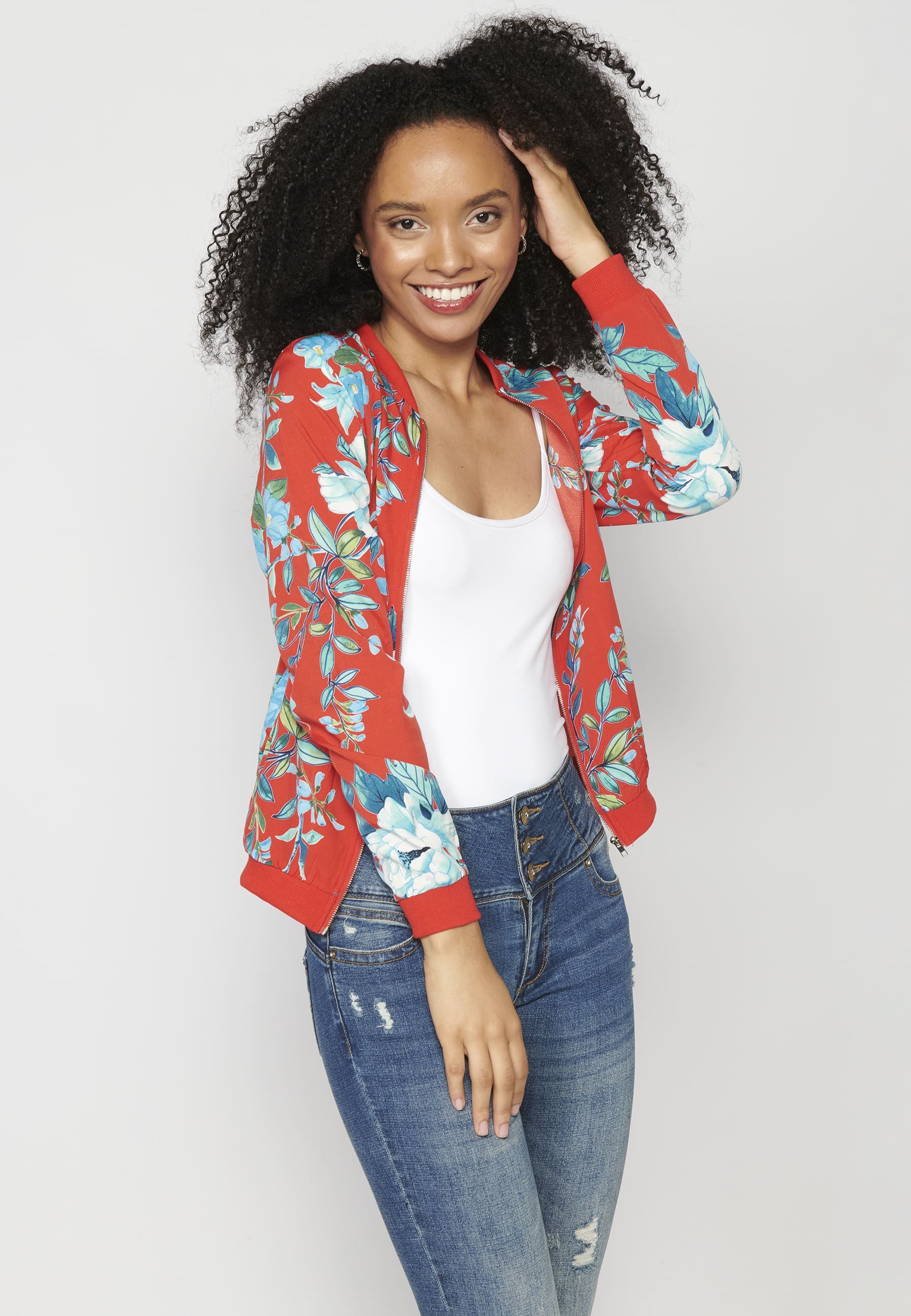 Jaqueta dessuadora màniga llarga amb estampat floral color Vermell per a Dona