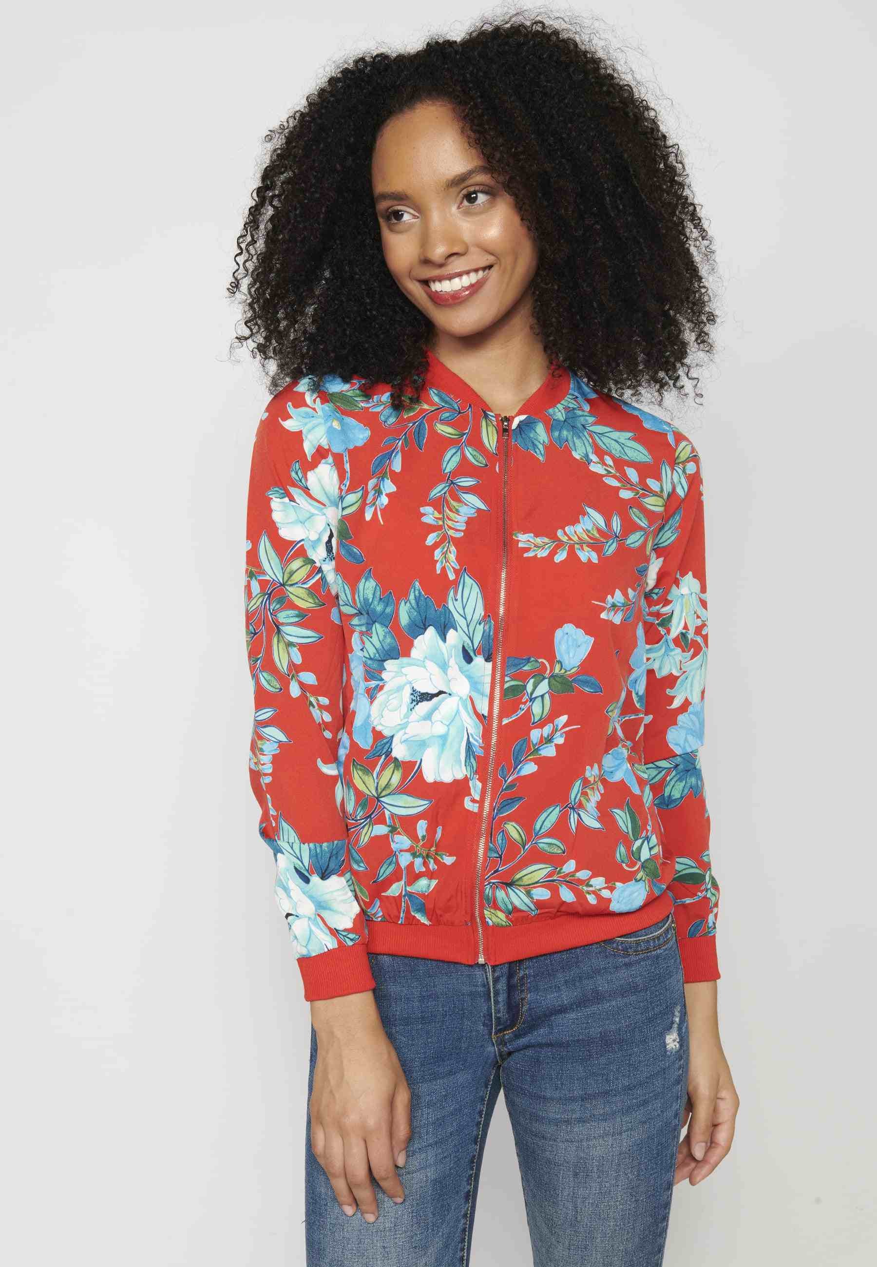 Red floral print long-sleeved sweatshirt jacket for Women