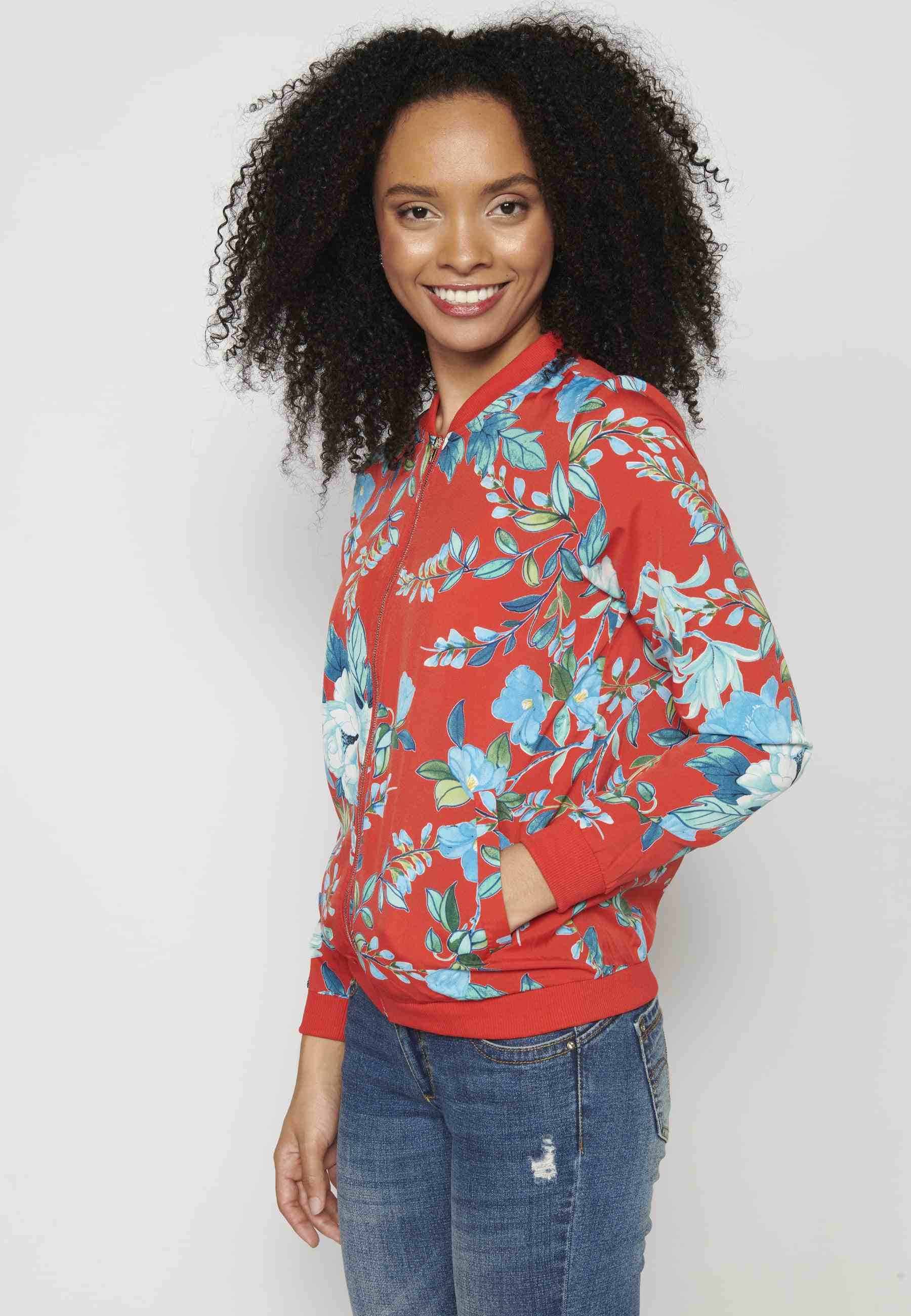 Red floral print long-sleeved sweatshirt jacket for Women