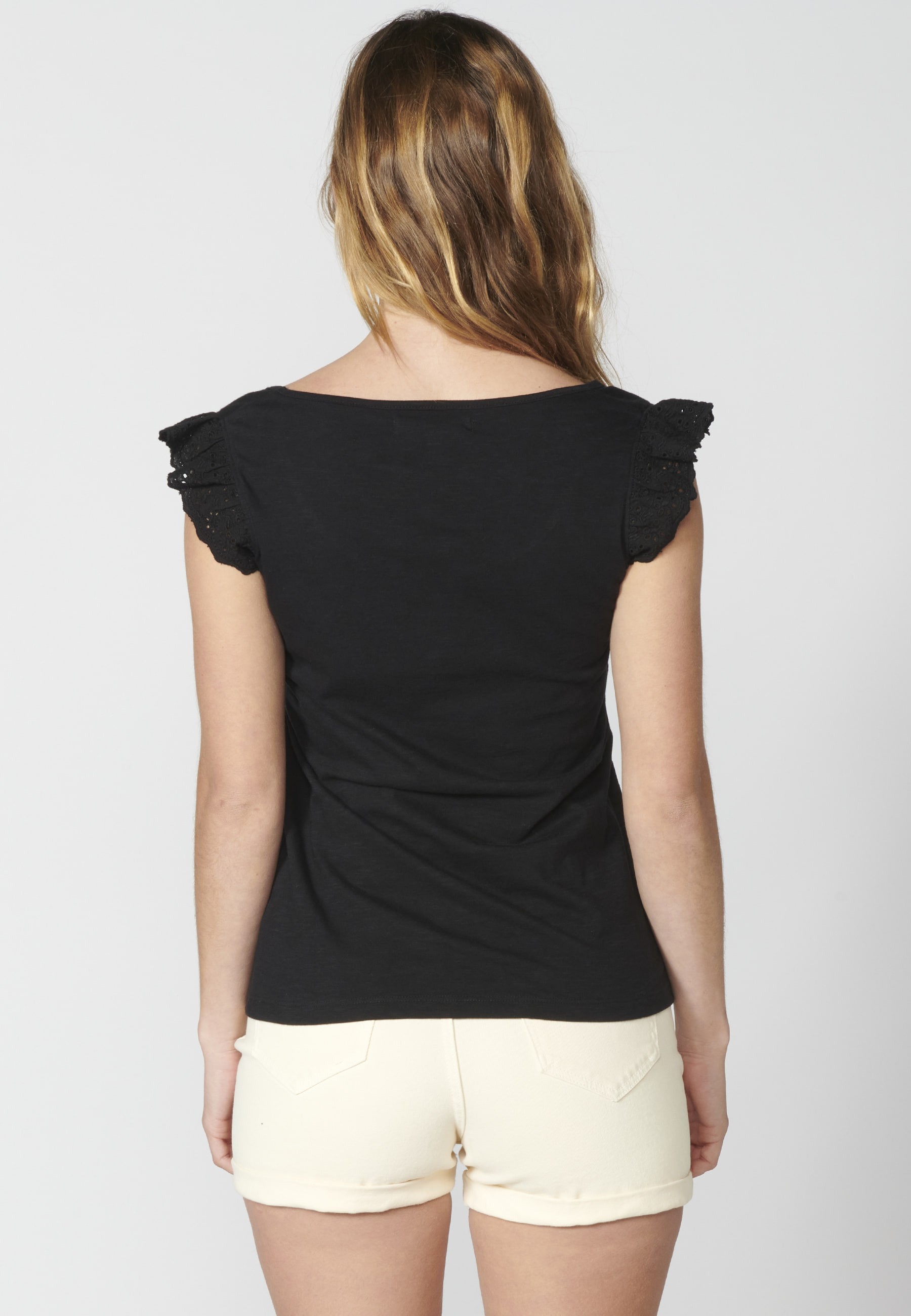Kurzärmliges T-Shirt mit Blumenstickerei in Schwarz für Damen 7