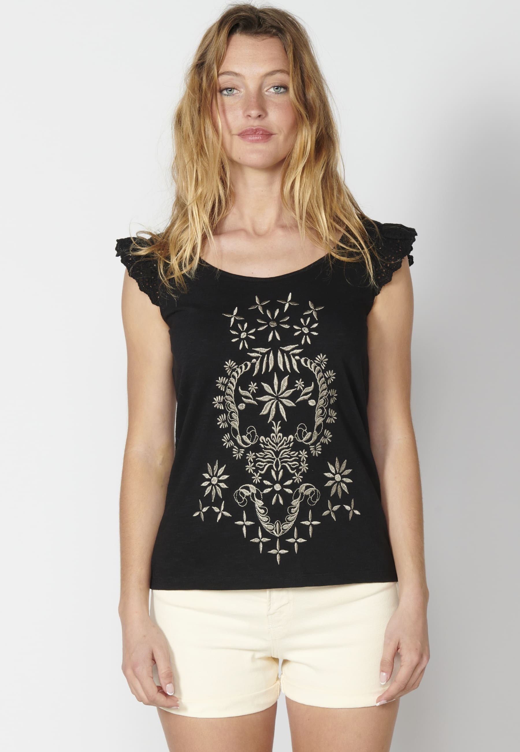 Kurzärmliges T-Shirt mit Blumenstickerei in Schwarz für Damen 2