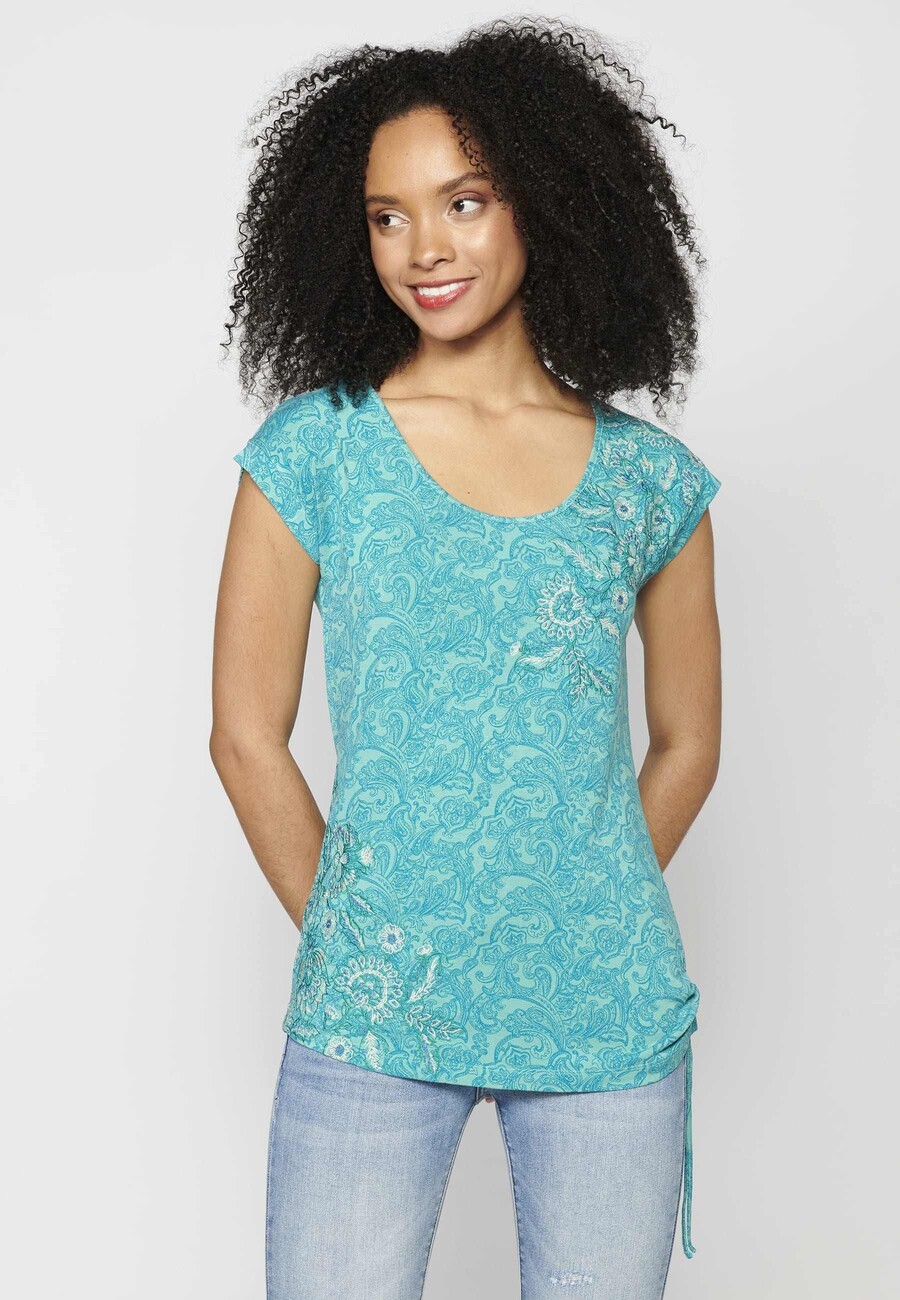 Blue short-sleeved top with floral print for Women