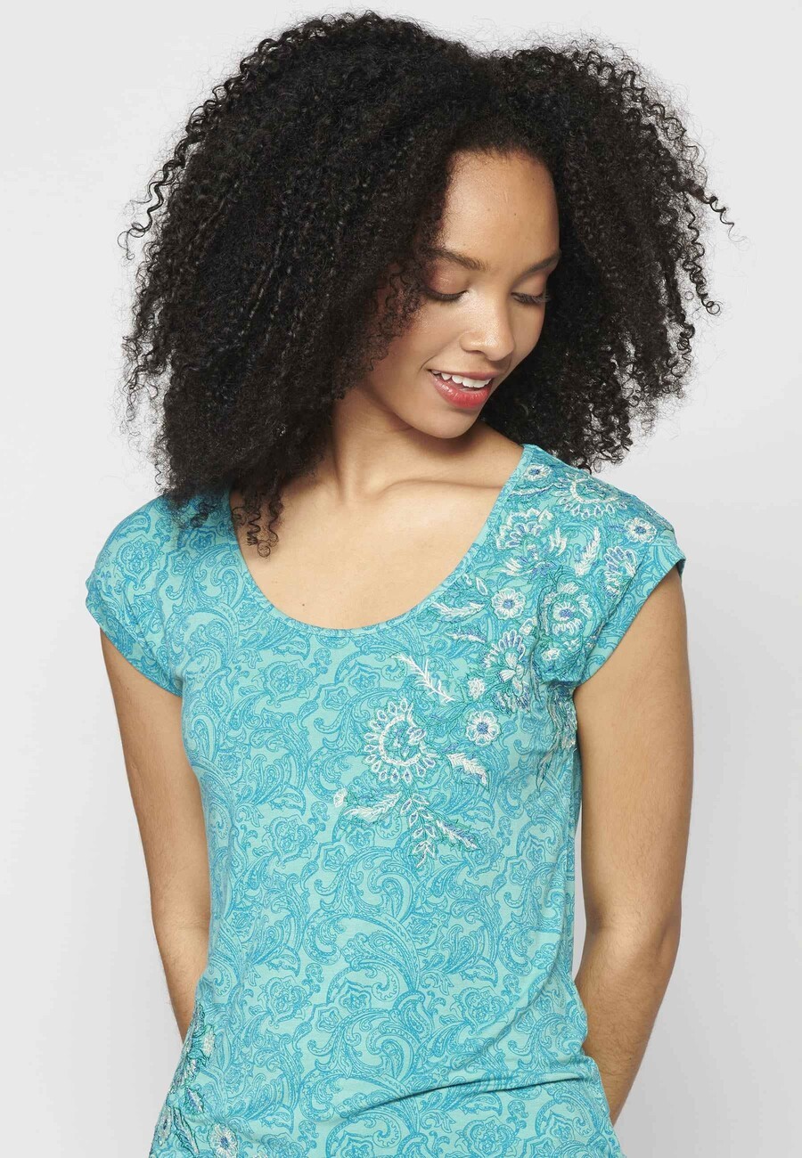 Blue short-sleeved top with floral print for Women 8