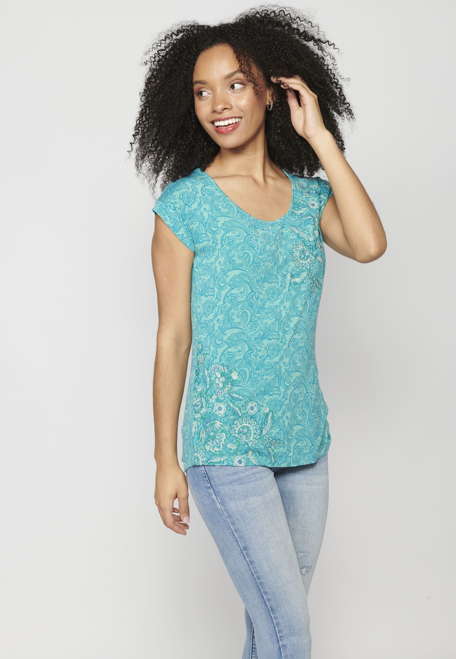 Blue short-sleeved top with floral print for Women