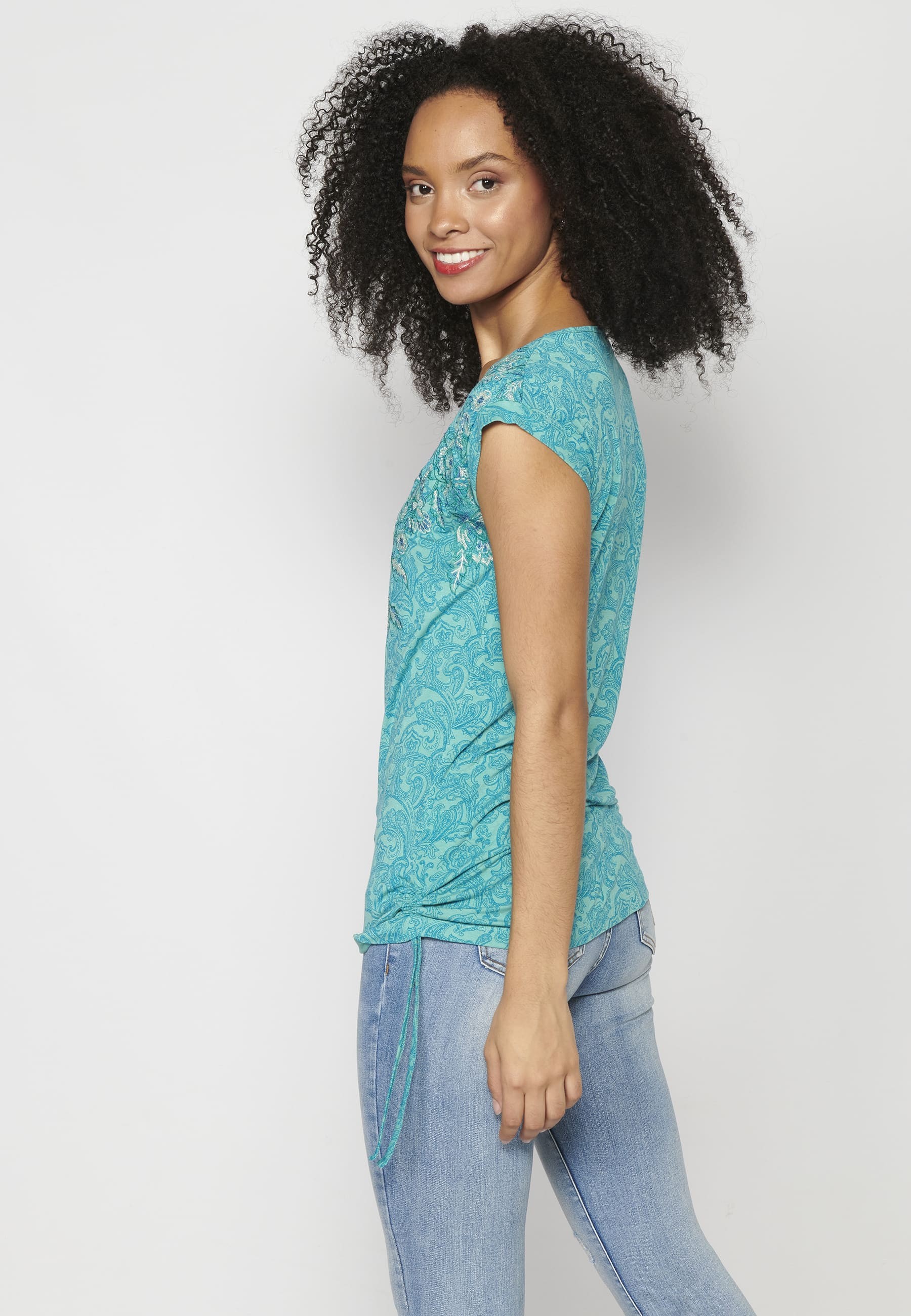 Top bleu à manches courtes et imprimé fleuri Femme