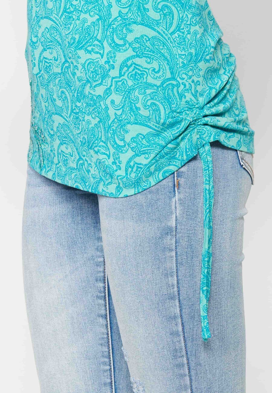 Blaues Kurzarm-Top mit Blumendruck für Damen 6