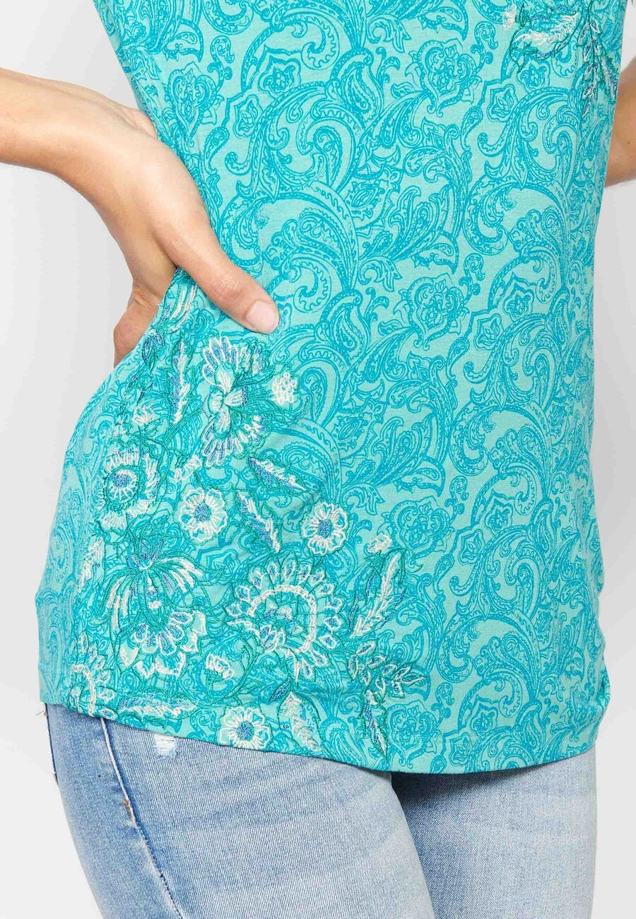 Blue short-sleeved top with floral print for Women 7