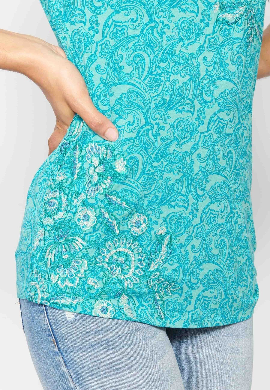 Top bleu à manches courtes et imprimé fleuri Femme 7