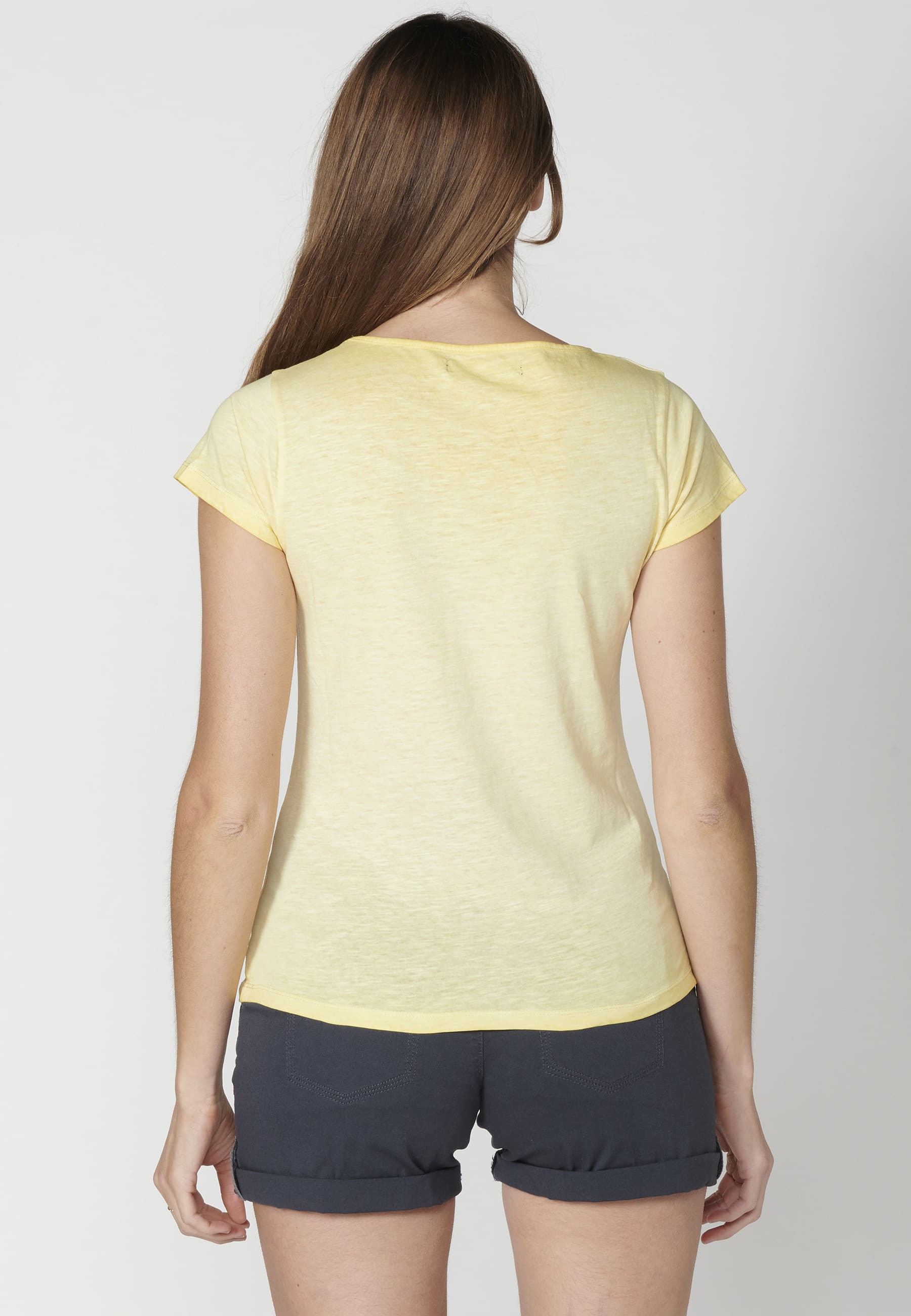 Yellow Floral Embroidered Cotton Short Sleeve Top for Women