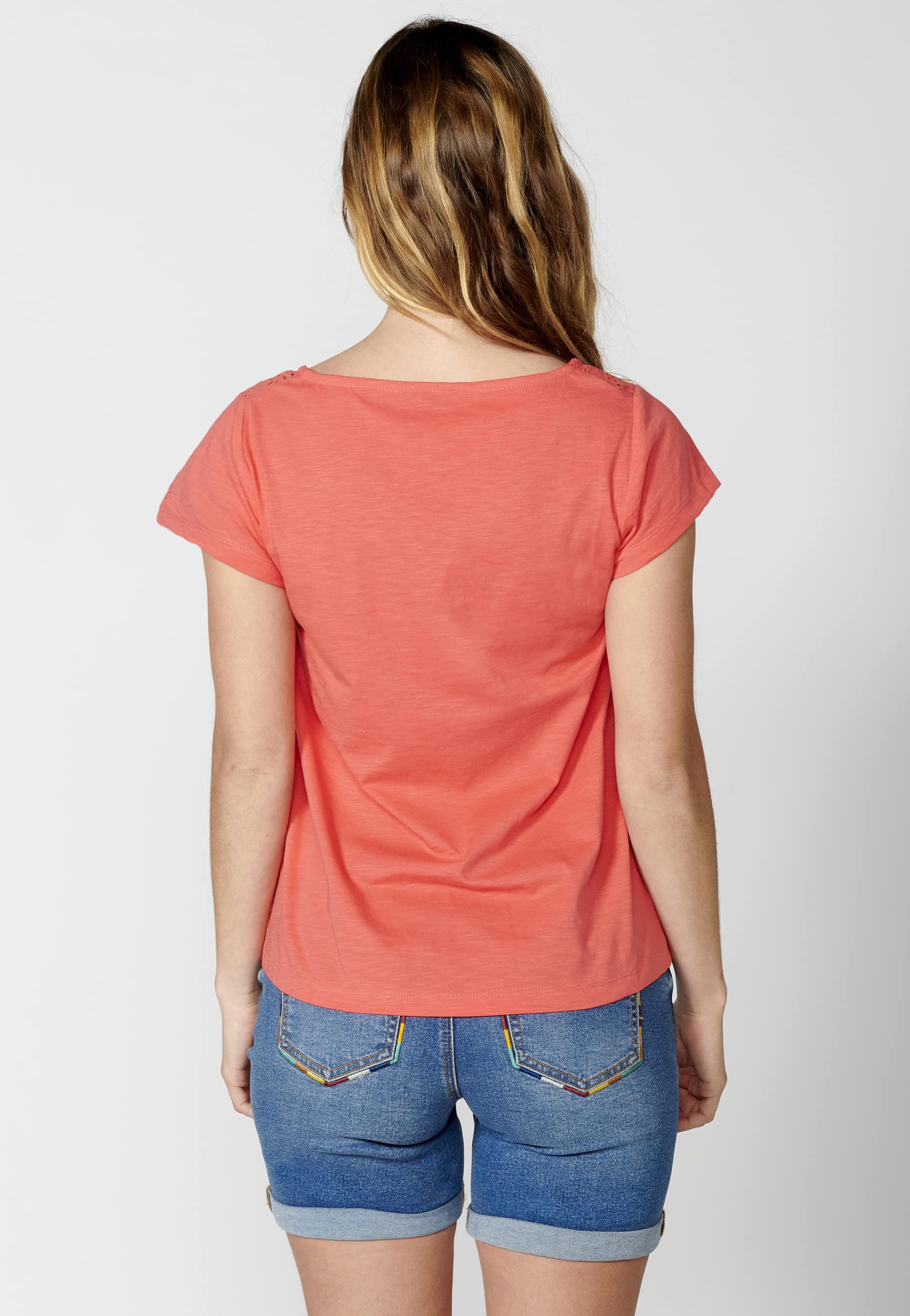 Camiseta top manga corta de Algodón con escote corazón color Coral para Mujer