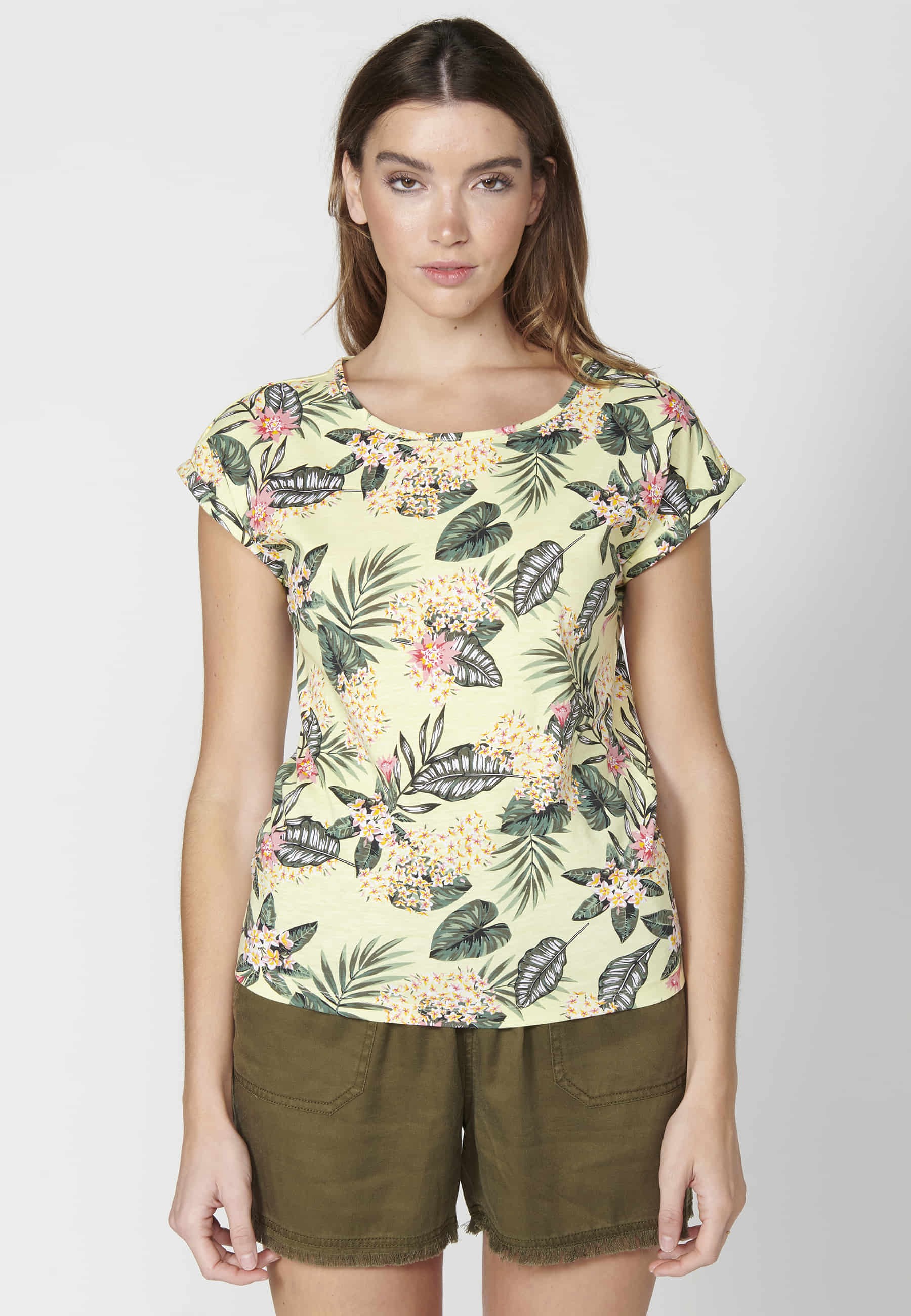 Yellow Floral Print Cotton Short Sleeve Top for Women
