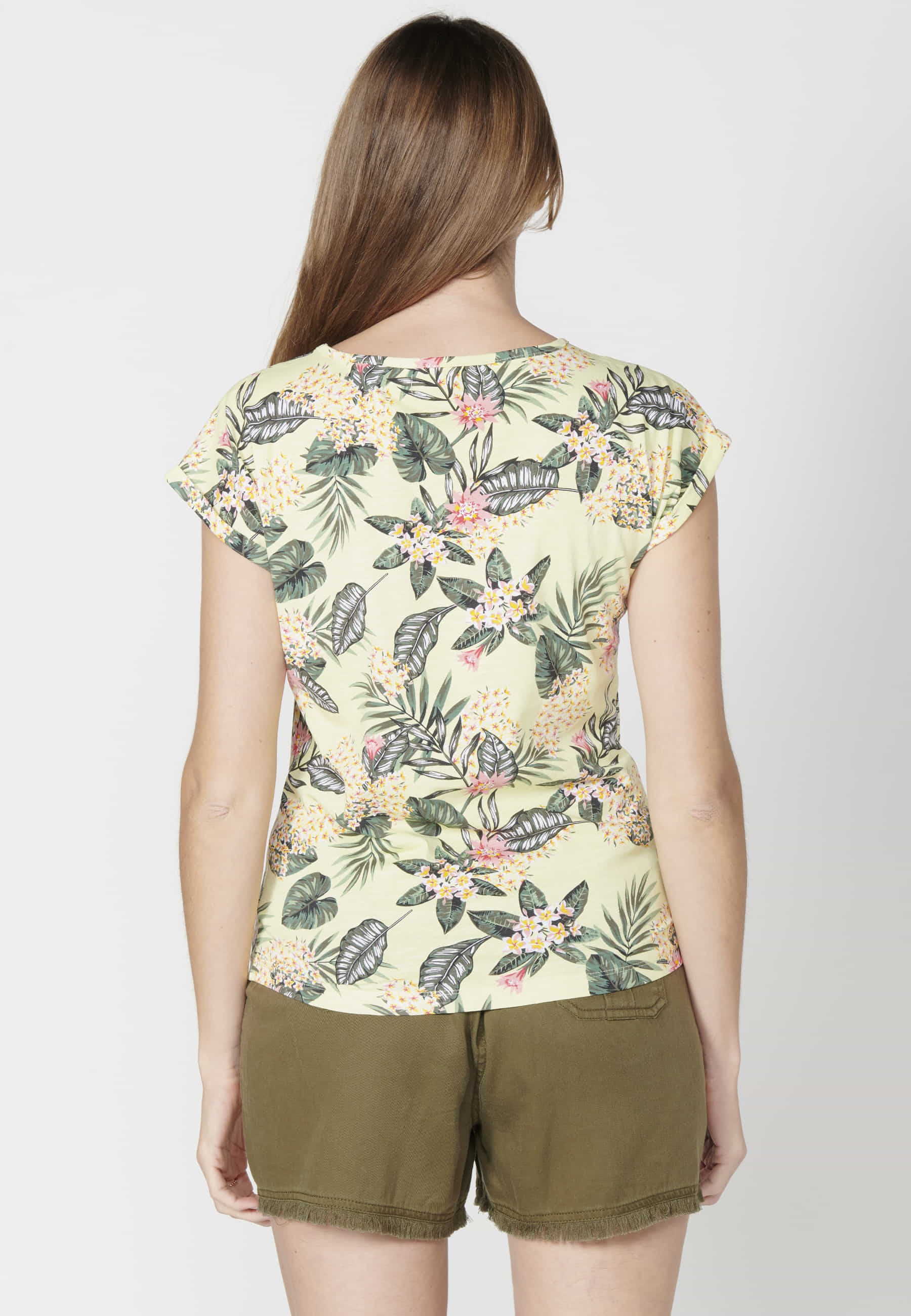 Top à manches courtes en coton jaune à imprimé floral pour femme