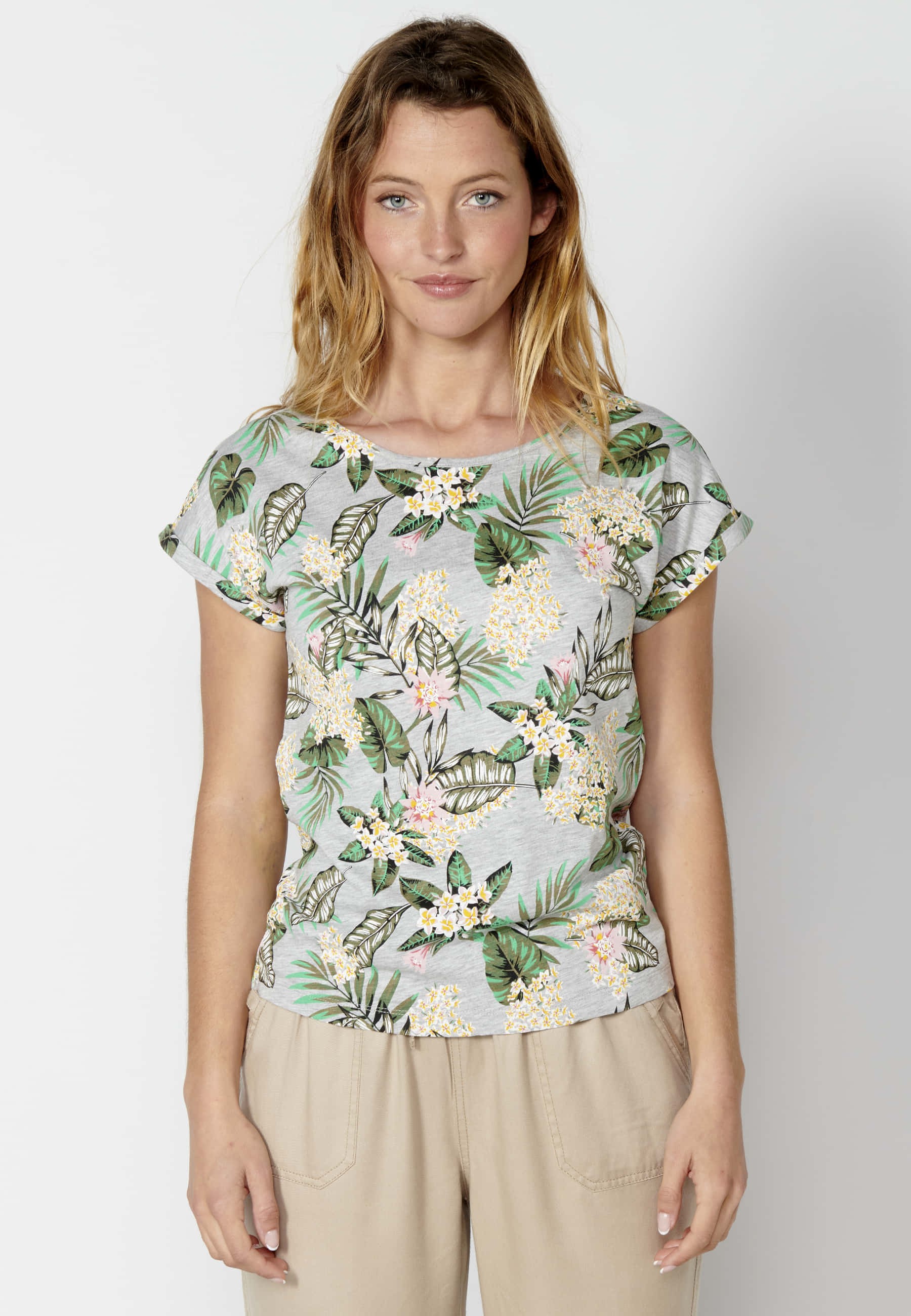 Gray Floral Print Cotton Short Sleeve Top for Women 1
