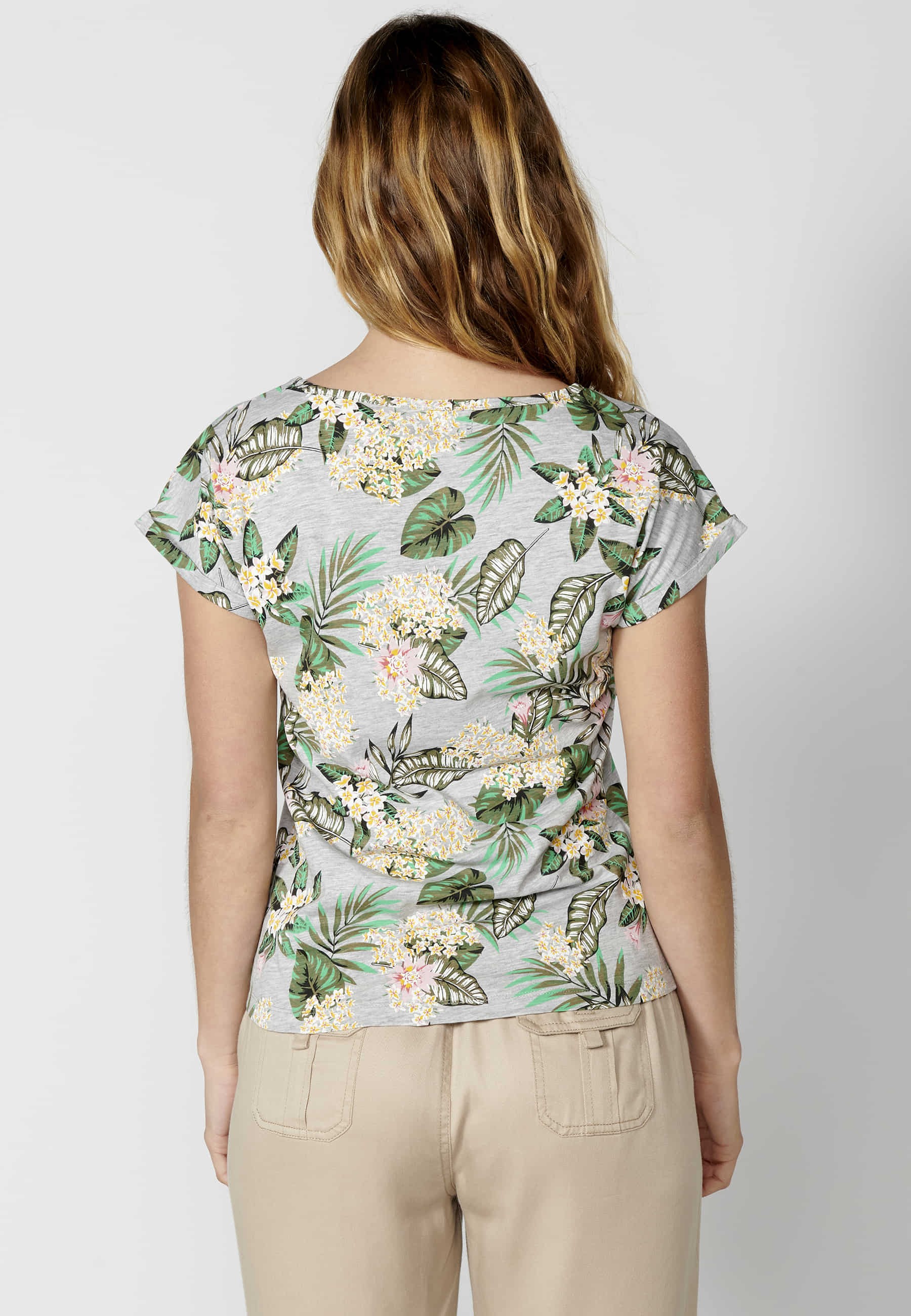 Gray Floral Print Cotton Short Sleeve Top for Women 5