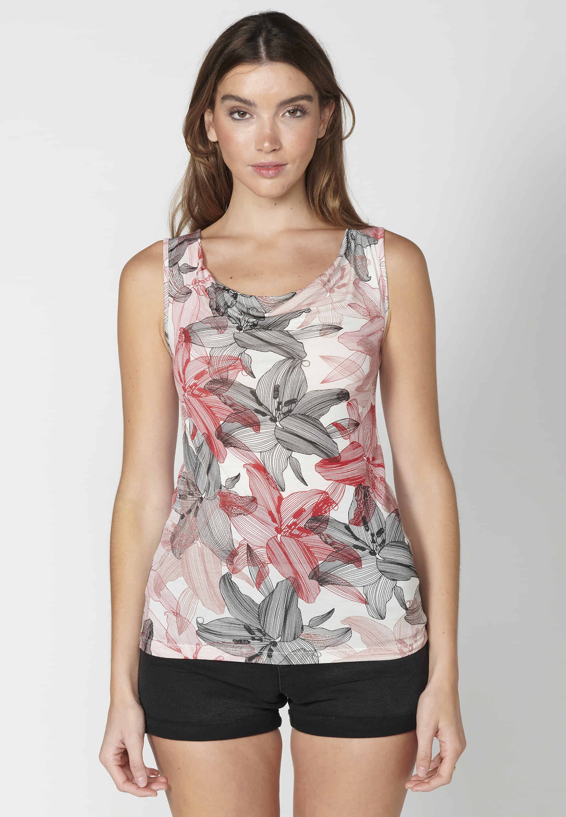 White Floral Print Sleeveless T-Shirt for Women 3