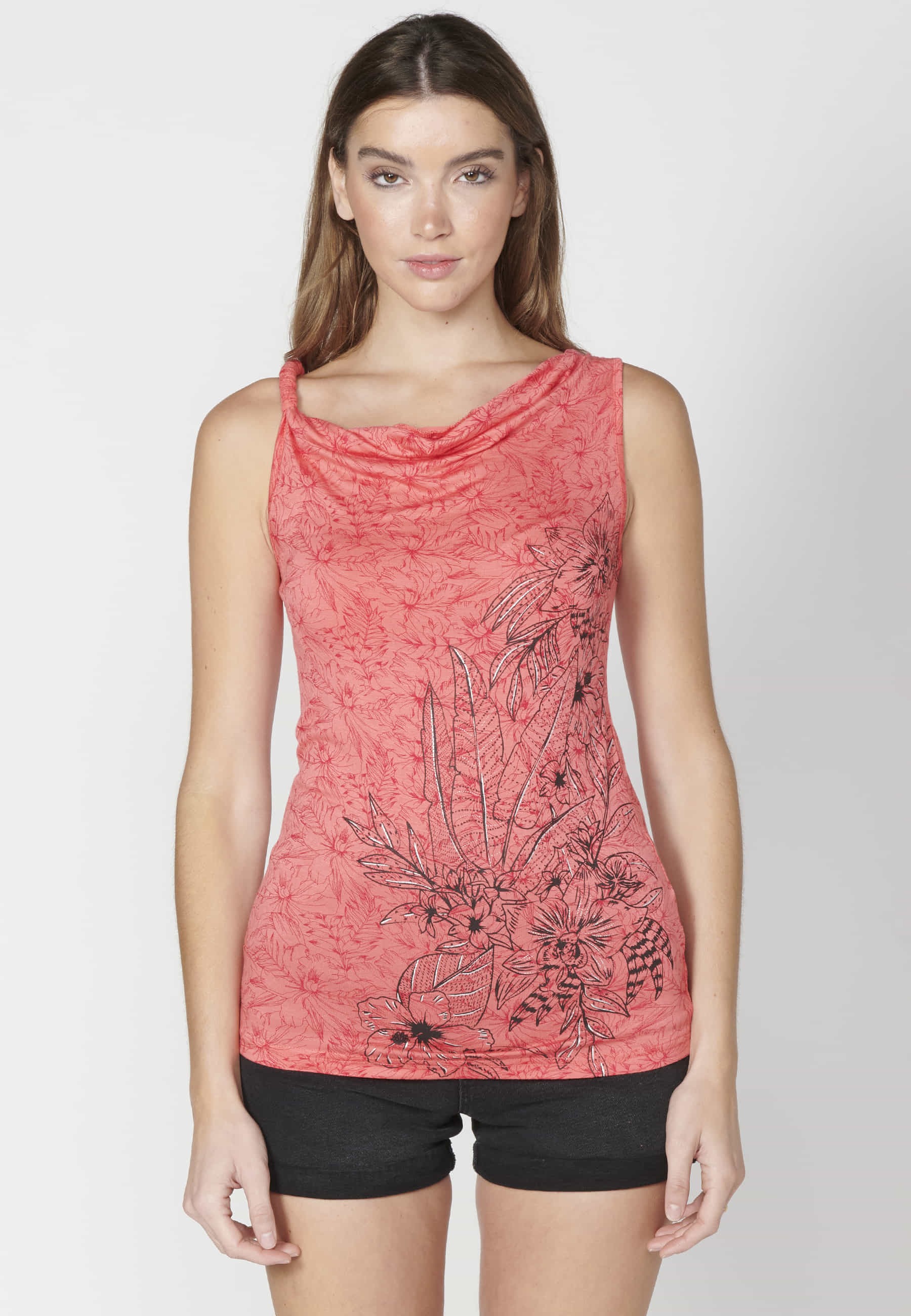 Coral floral print tank top with loose neckline for Woman 3
