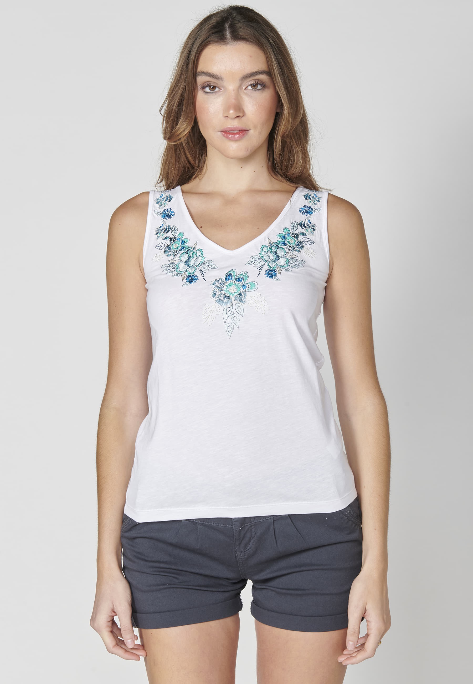 White Cotton Sleeveless Top with floral detail for Woman