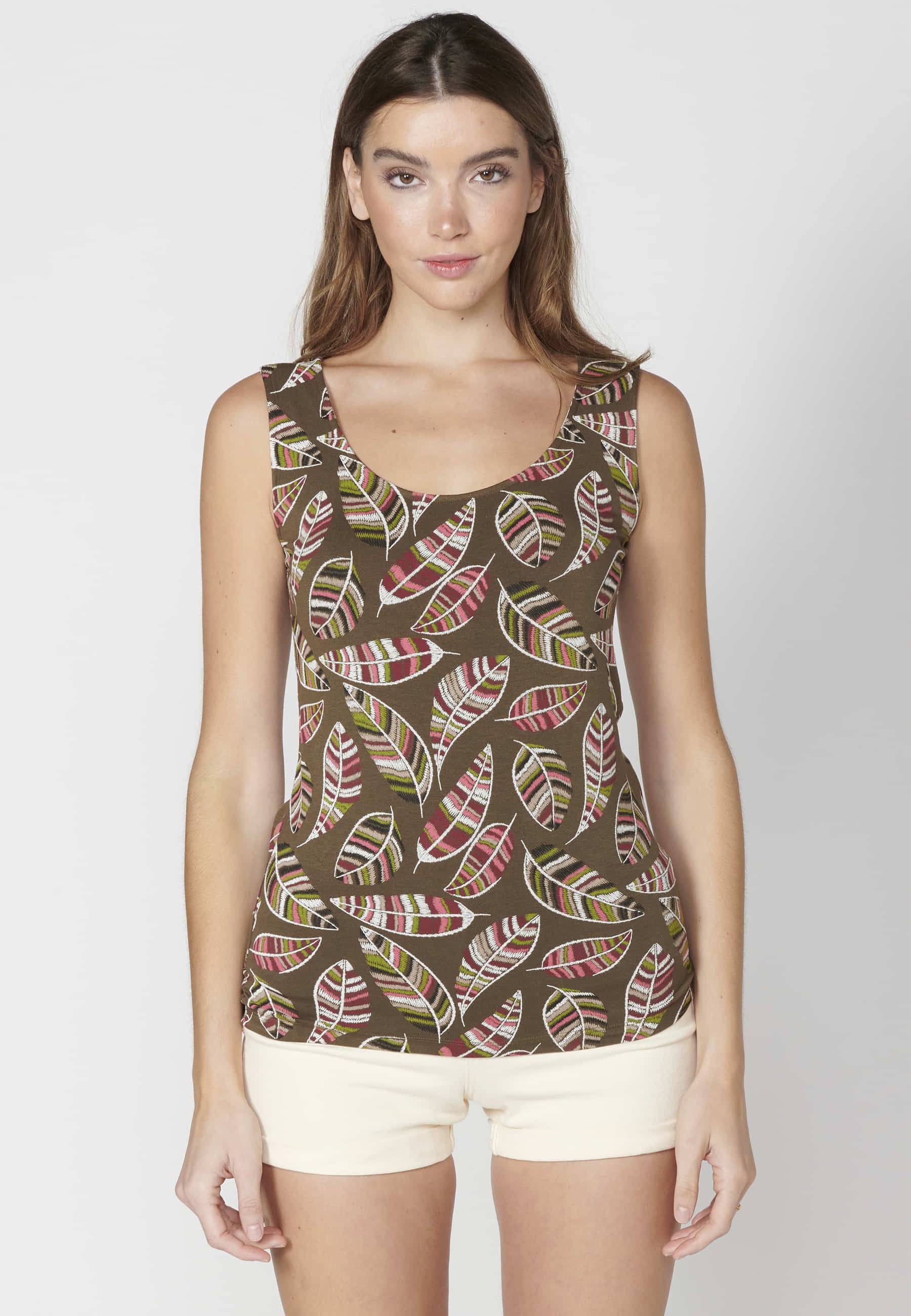 Kaki ethnic print strappy top with lace details for Woman 3