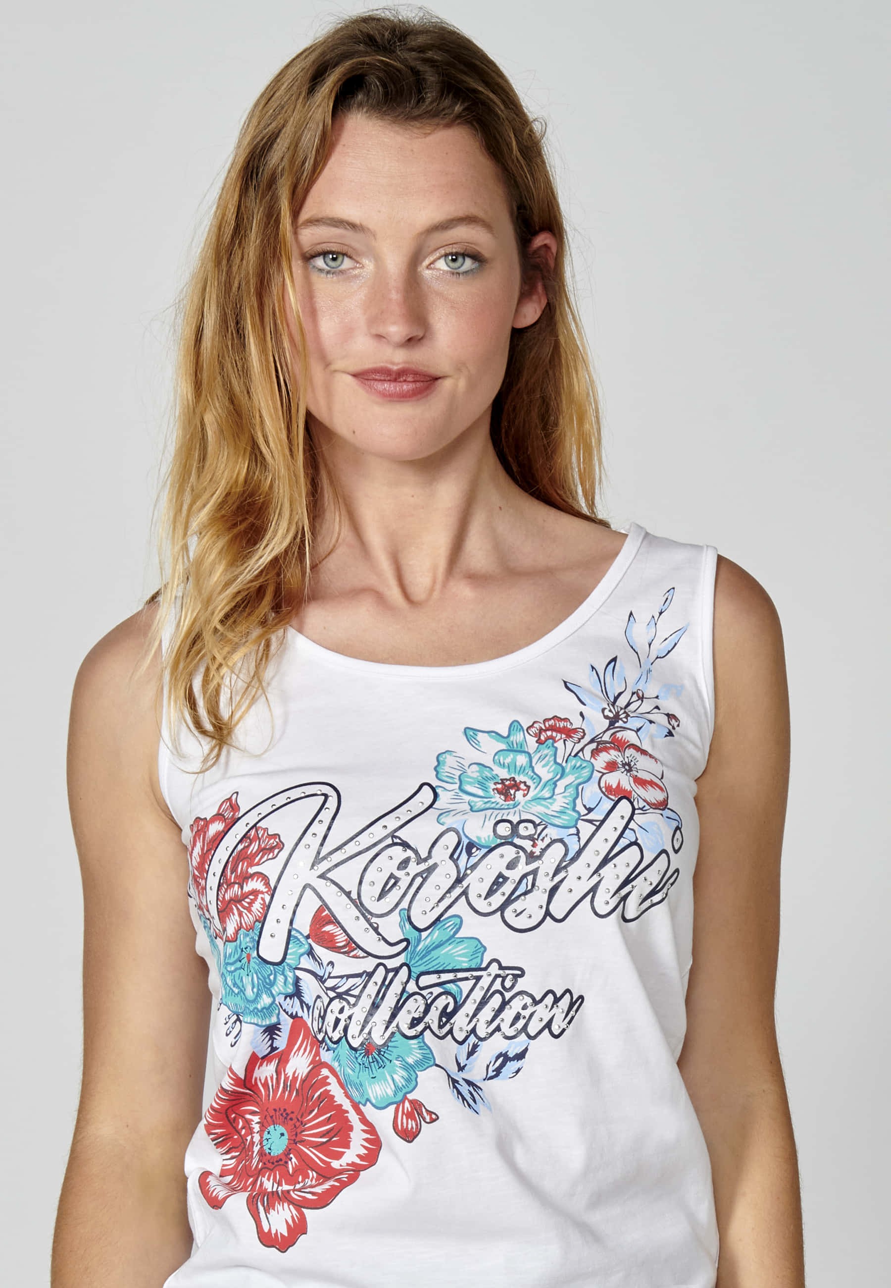 Cotton Tank Top with White Floral Print for Woman