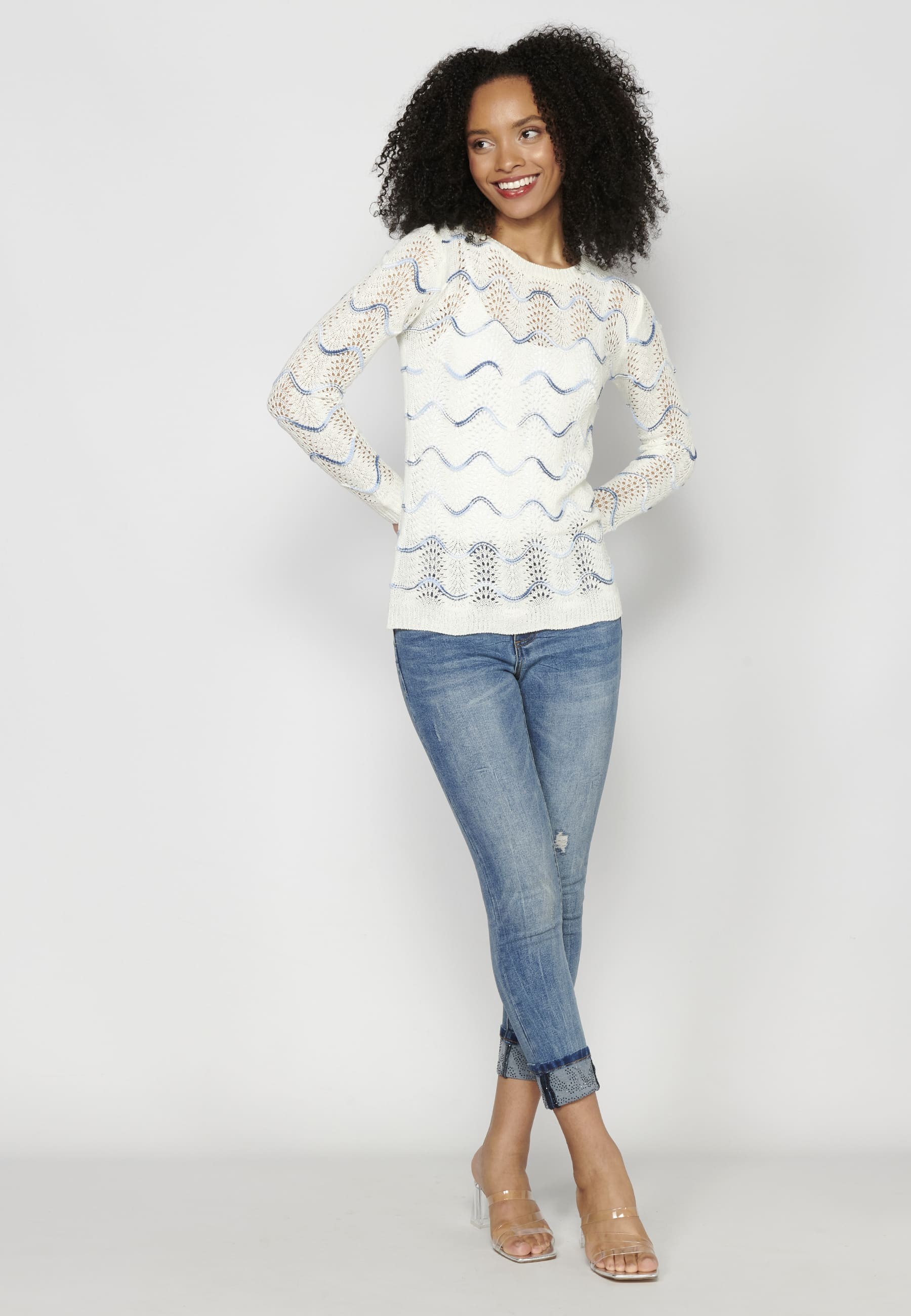 Long-sleeved knit sweater with sailor details for Woman