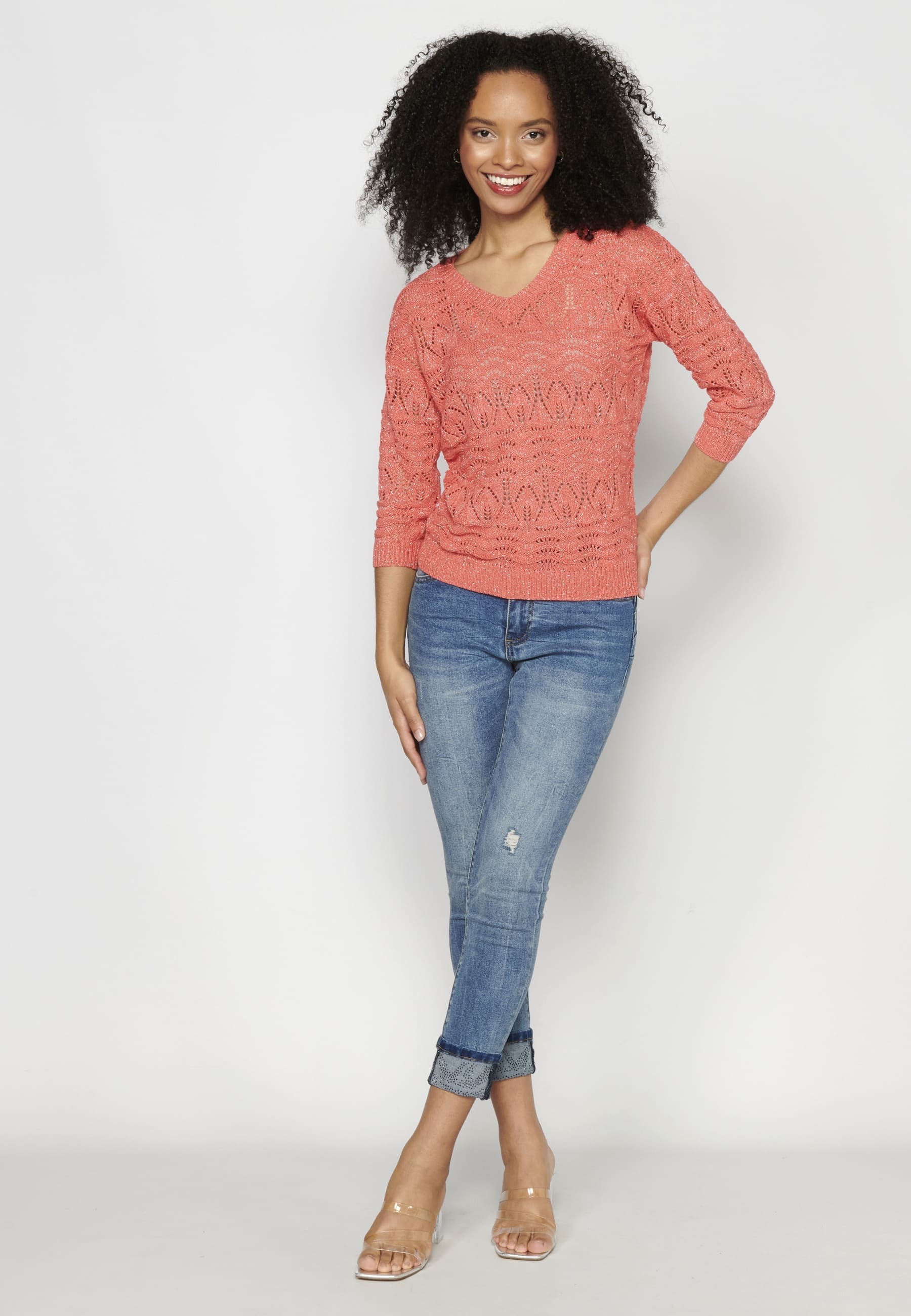 Knitted V-neck sweater with details for Woman