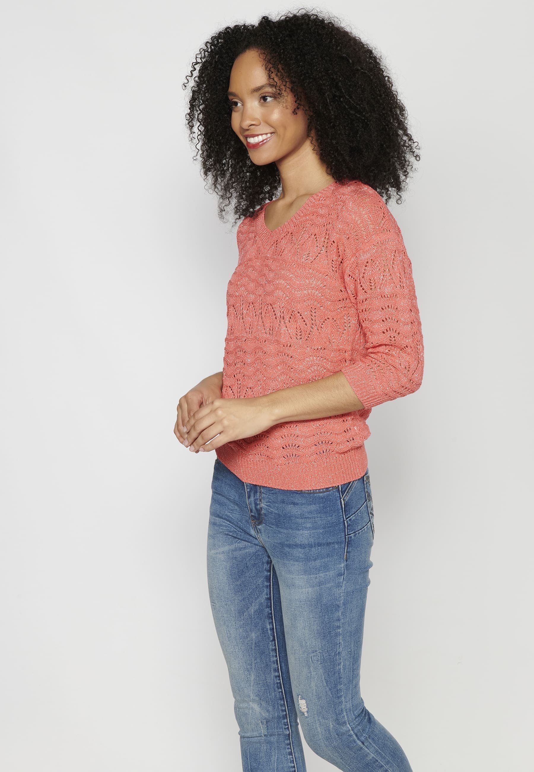 Knitted V-neck sweater with details for Woman