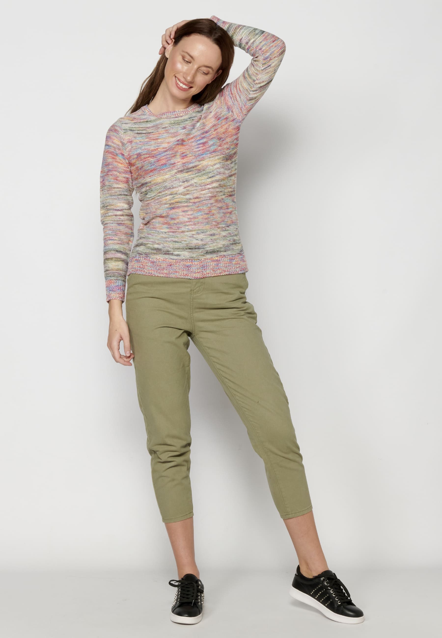 Mehrfarbiger Strickpullover mit langen Ärmeln für Damen