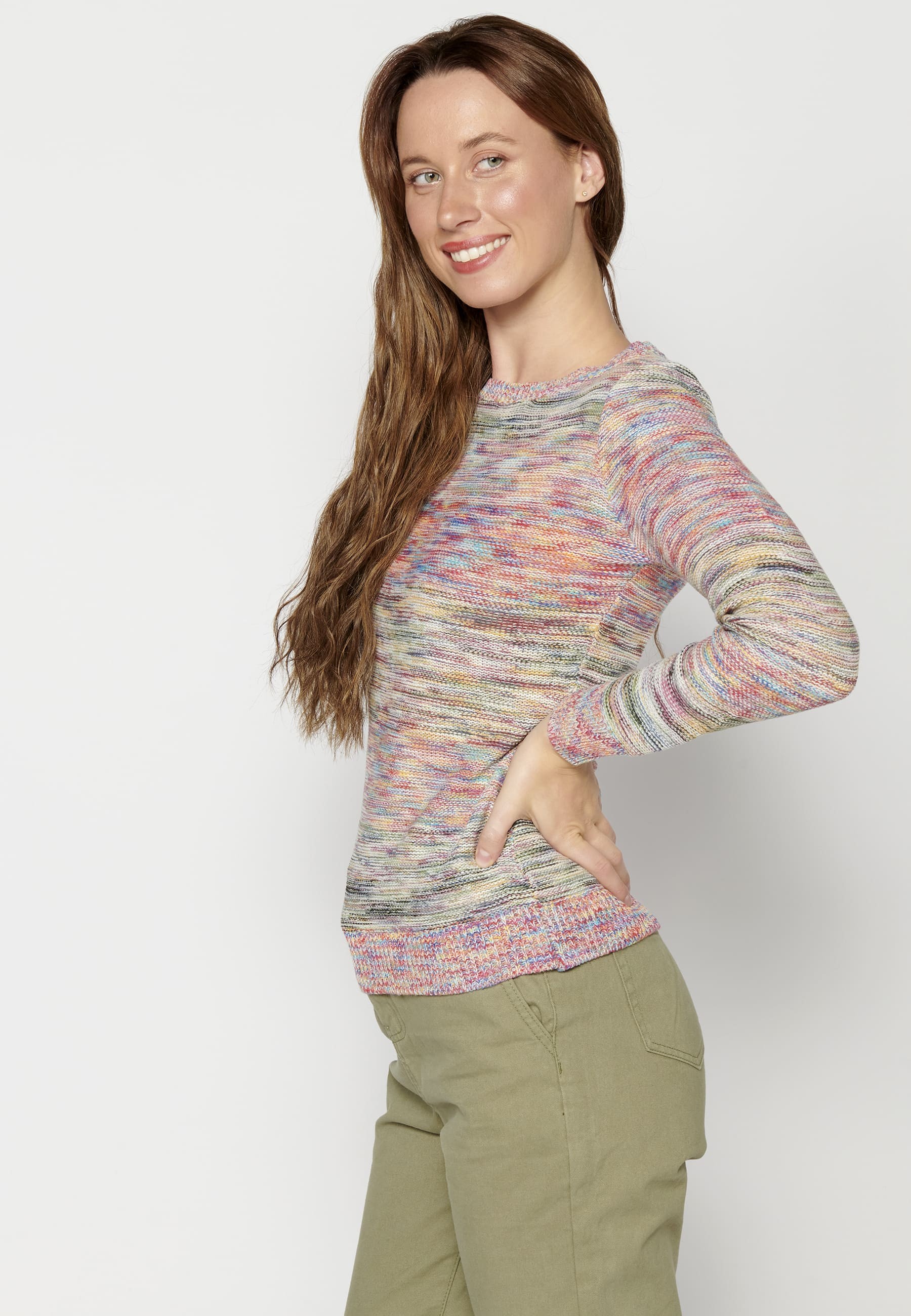 Mehrfarbiger Strickpullover mit langen Ärmeln für Damen