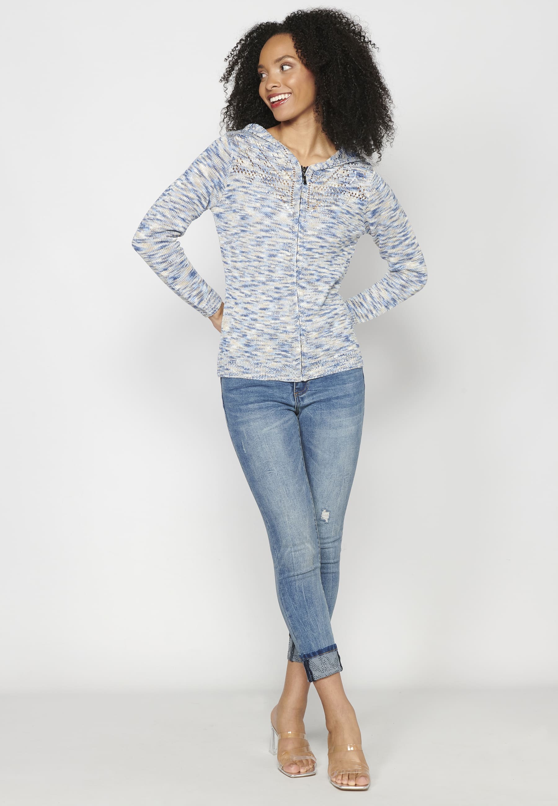 Blaue Strickjacke mit Kapuze für Damen