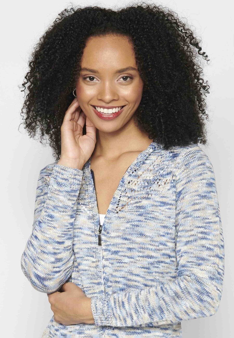 Blaue Strickjacke mit Kapuze für Damen 7