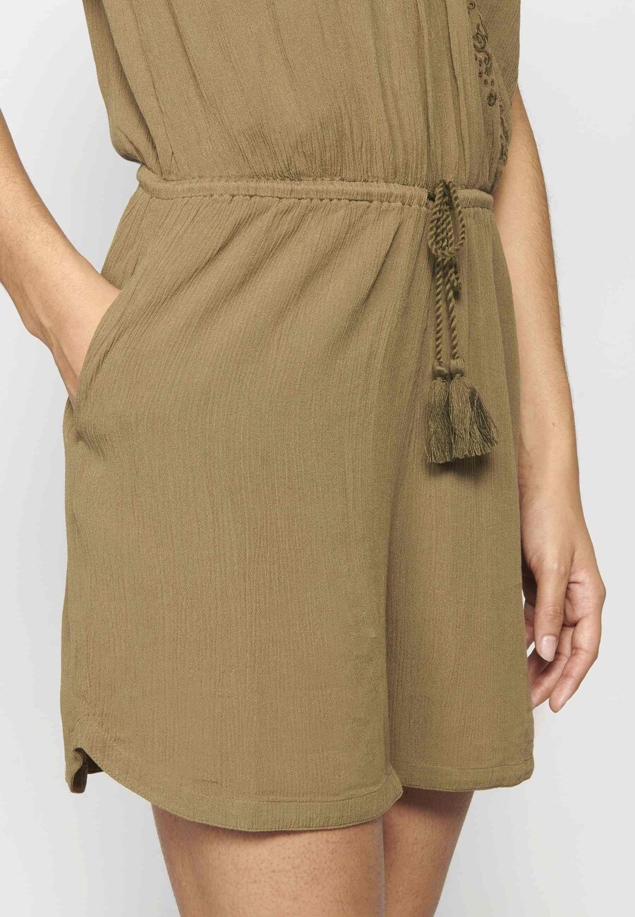 Khaki Short Sleeve Short Jumpsuit Dress for Women 5