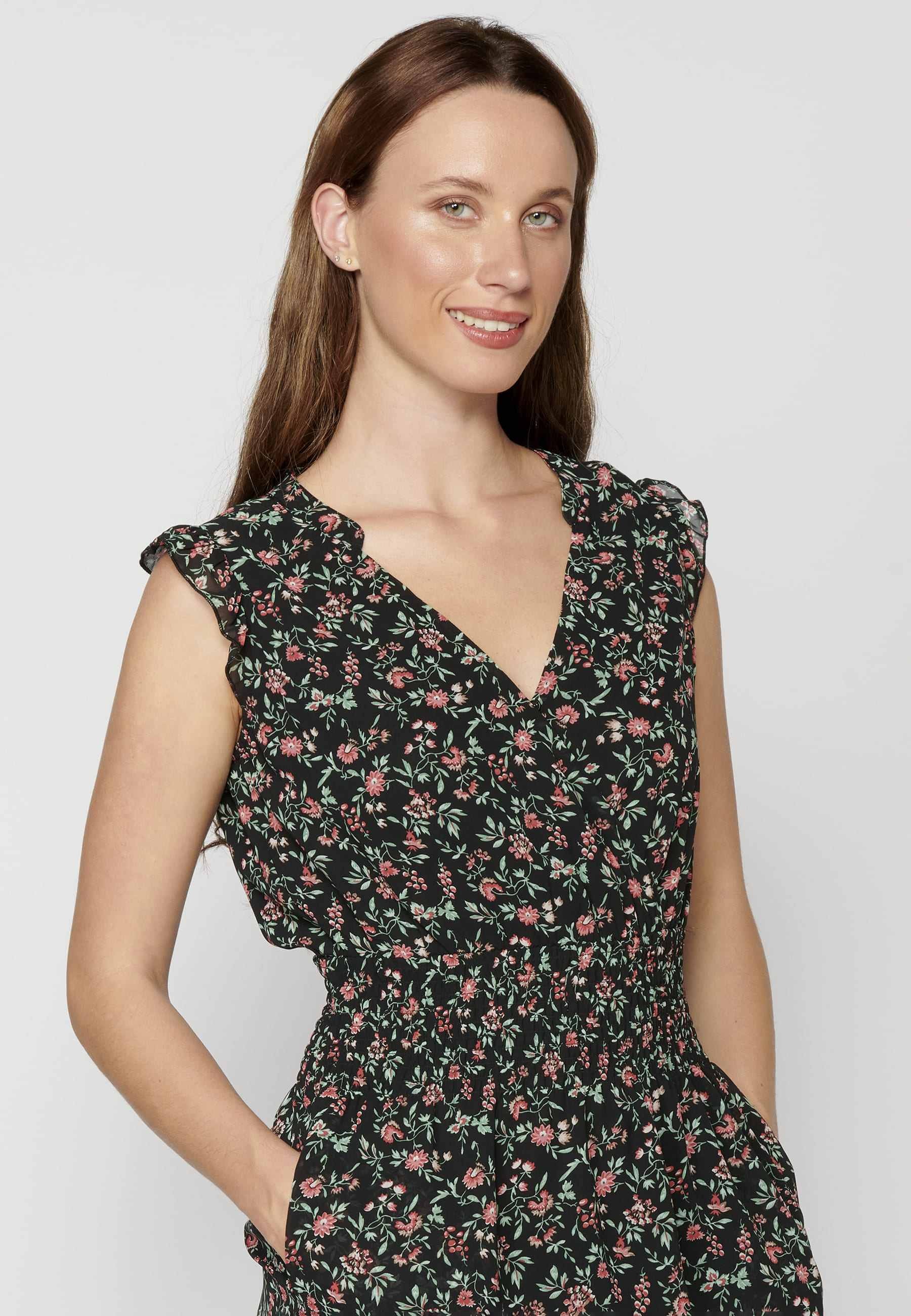 Fluid short-sleeved dress with black floral print for Woman