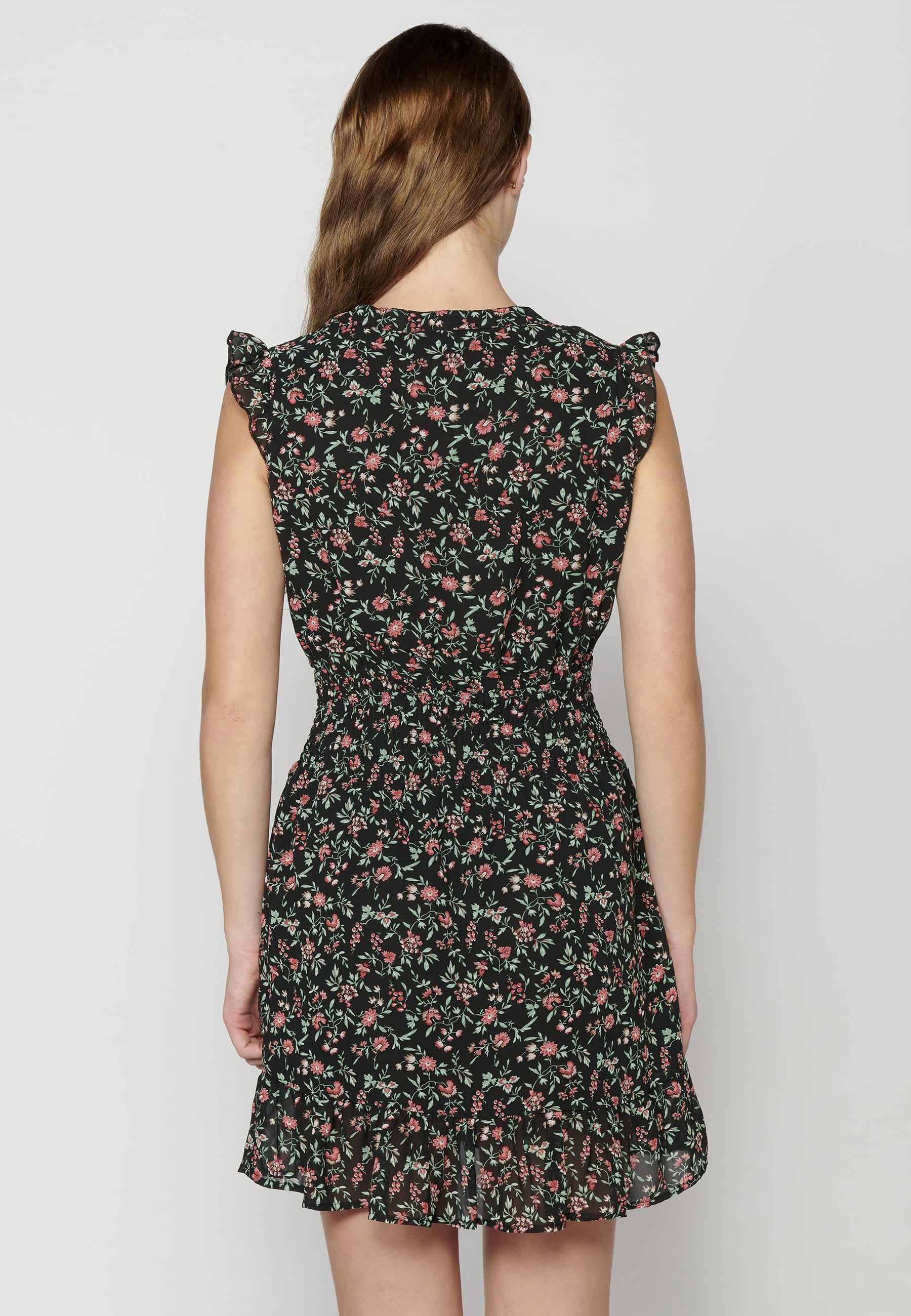 Vestido corto fluido de manga corta con estampado floral color negro para mujer | Moda Actual