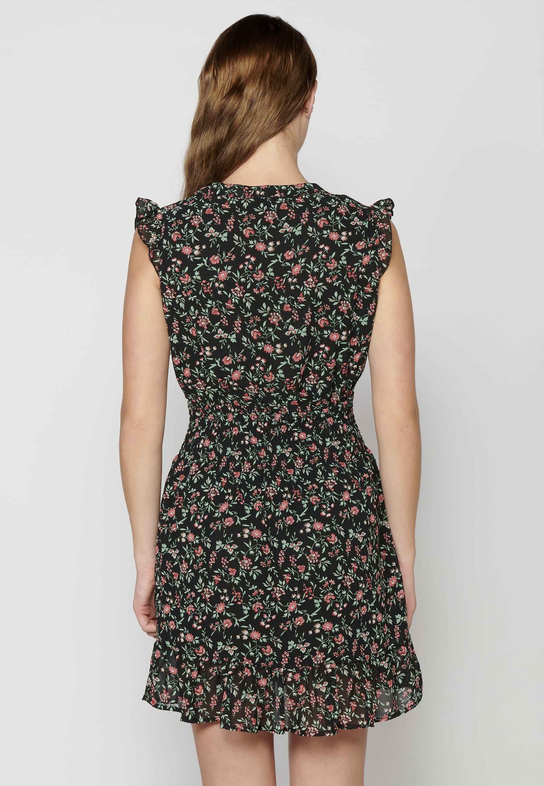 Fluid short-sleeved dress with black floral print for Woman