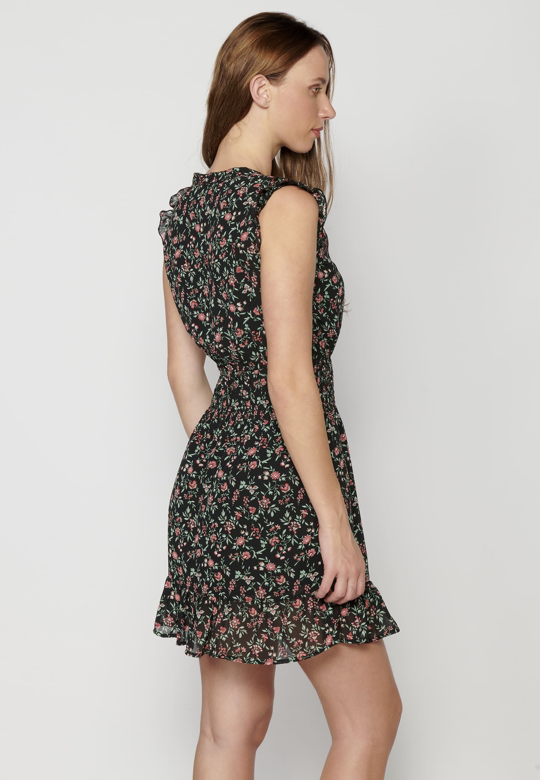 Fluid short-sleeved dress with black floral print for Woman