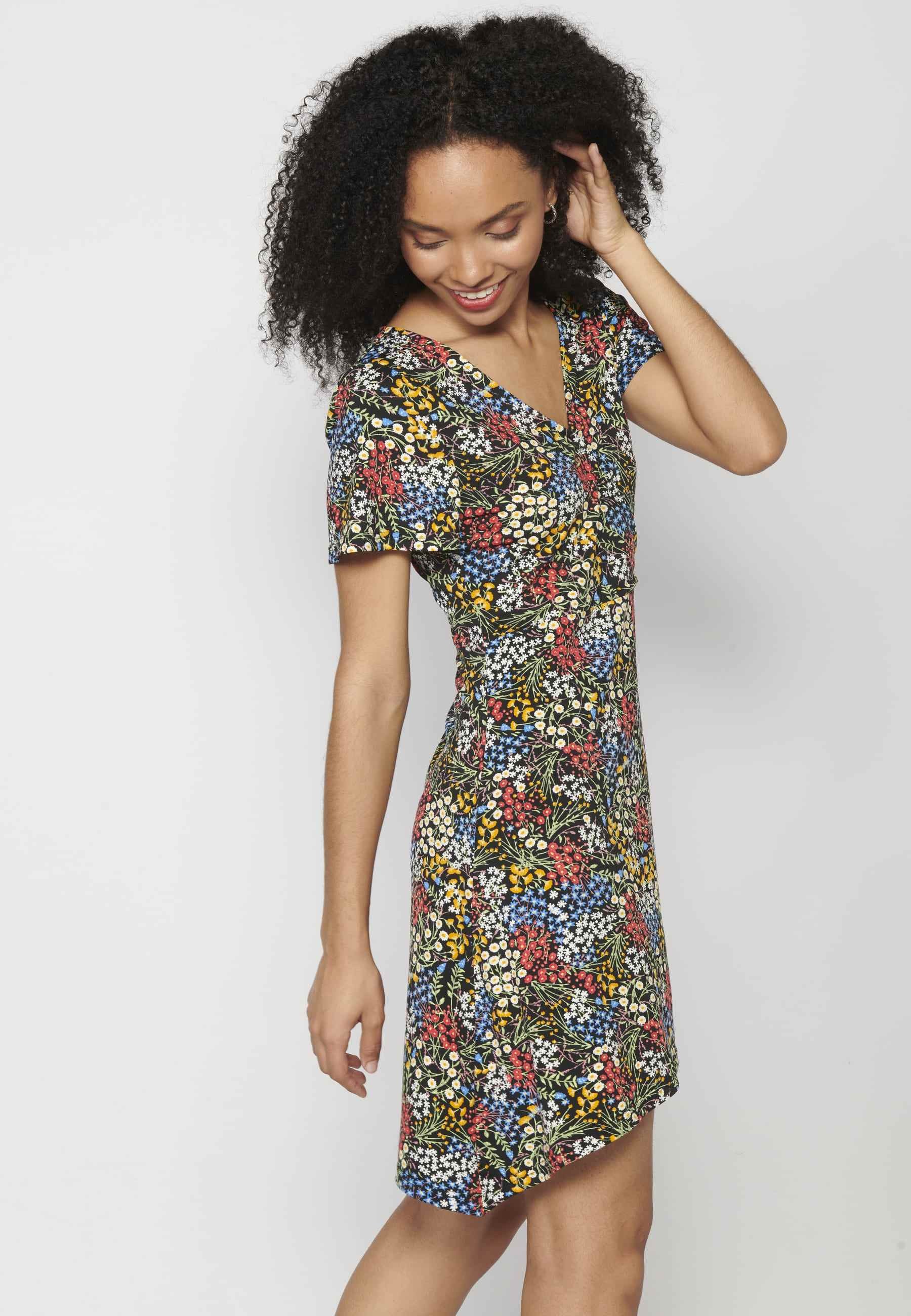 Kurzärmliges Kleid mit mehrfarbigem Blumendruck für Damen
