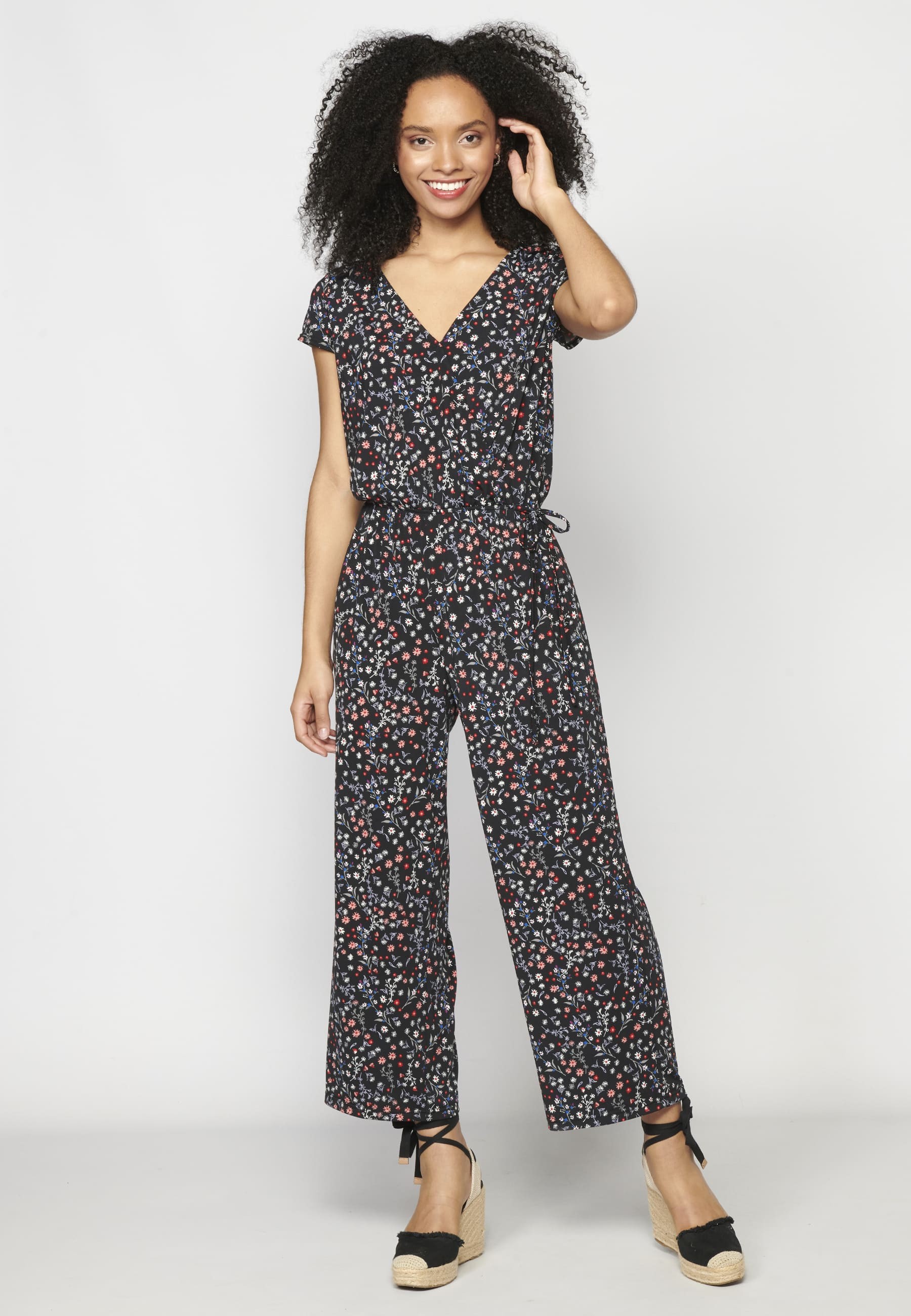 Black Floral Print Short Sleeve Long Pant Jumpsuit Dress for Women