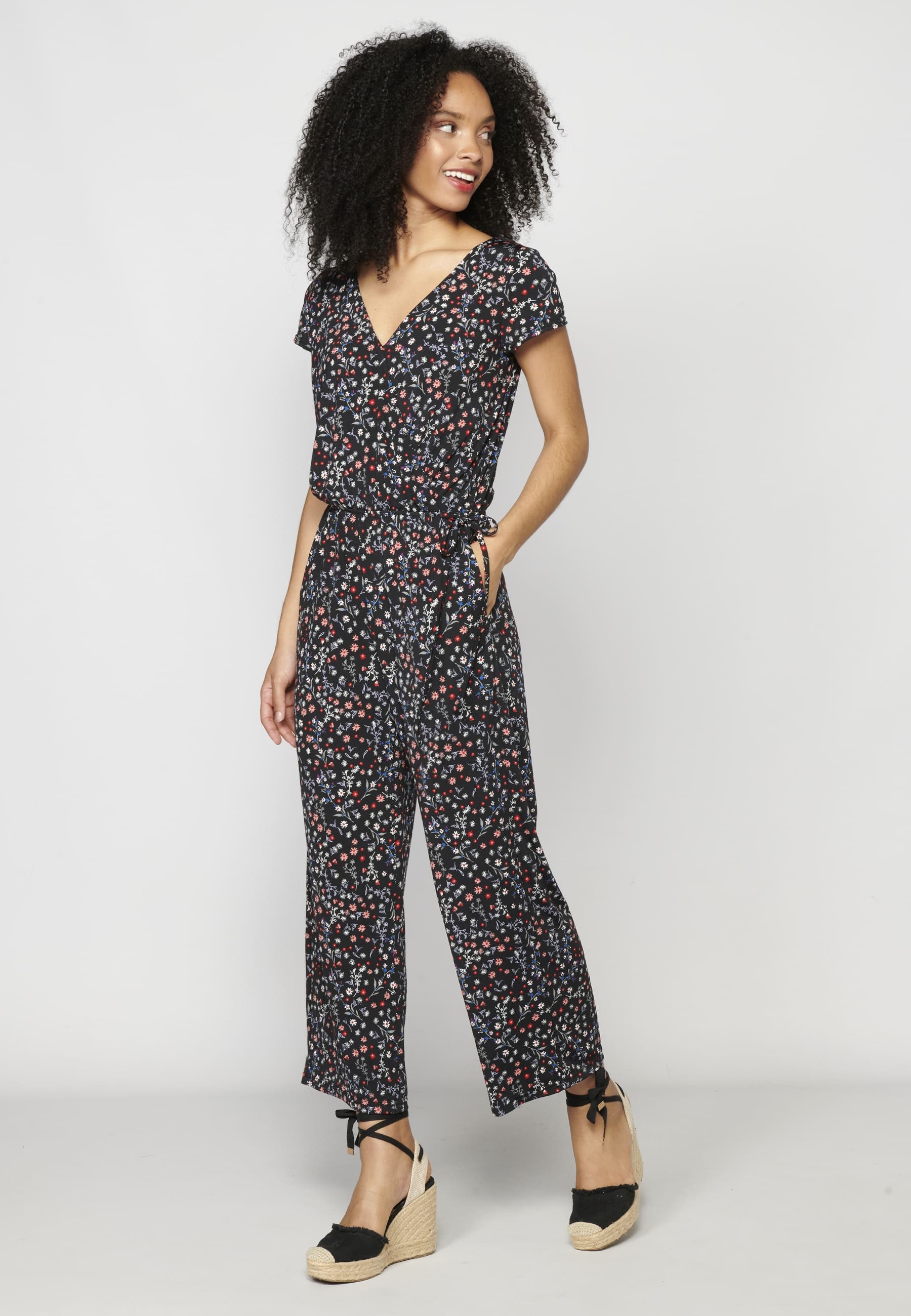 Black Floral Print Short Sleeve Long Pant Jumpsuit Dress for Women