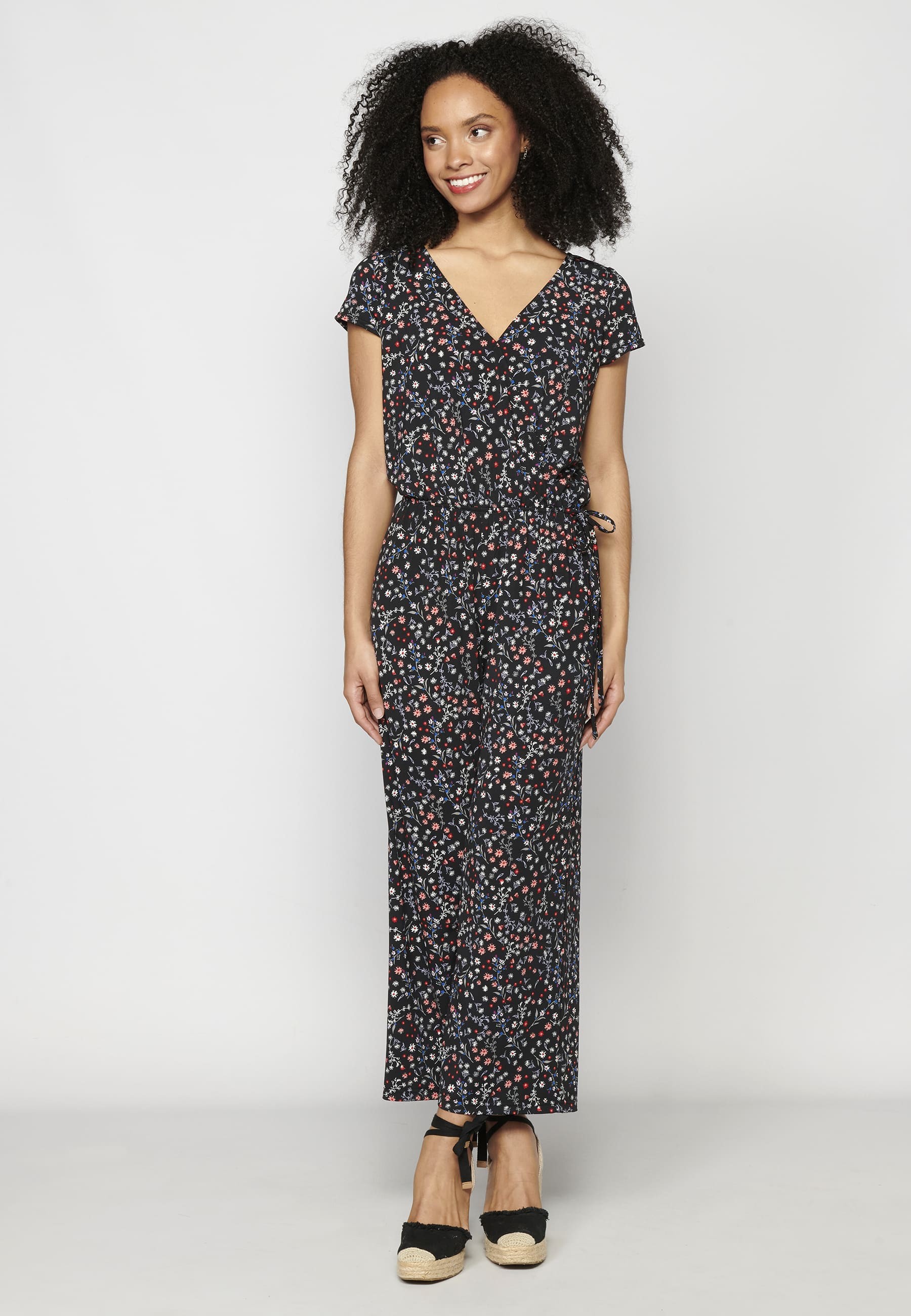 Black Floral Print Short Sleeve Long Pant Jumpsuit Dress for Women