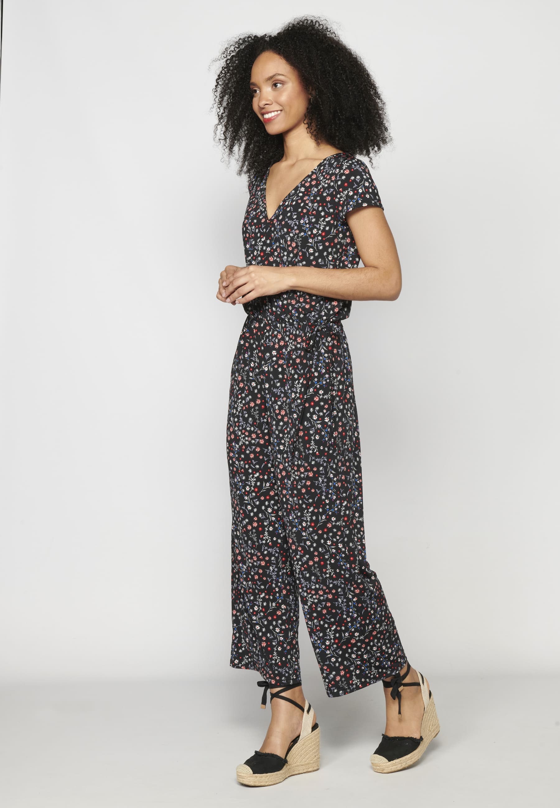 Black Floral Print Short Sleeve Long Pant Jumpsuit Dress for Women