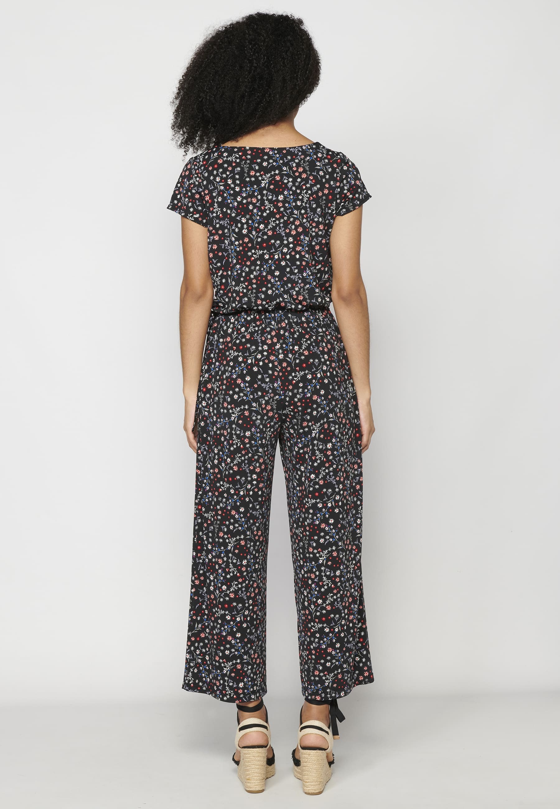 Black Floral Print Short Sleeve Long Pant Jumpsuit Dress for Women