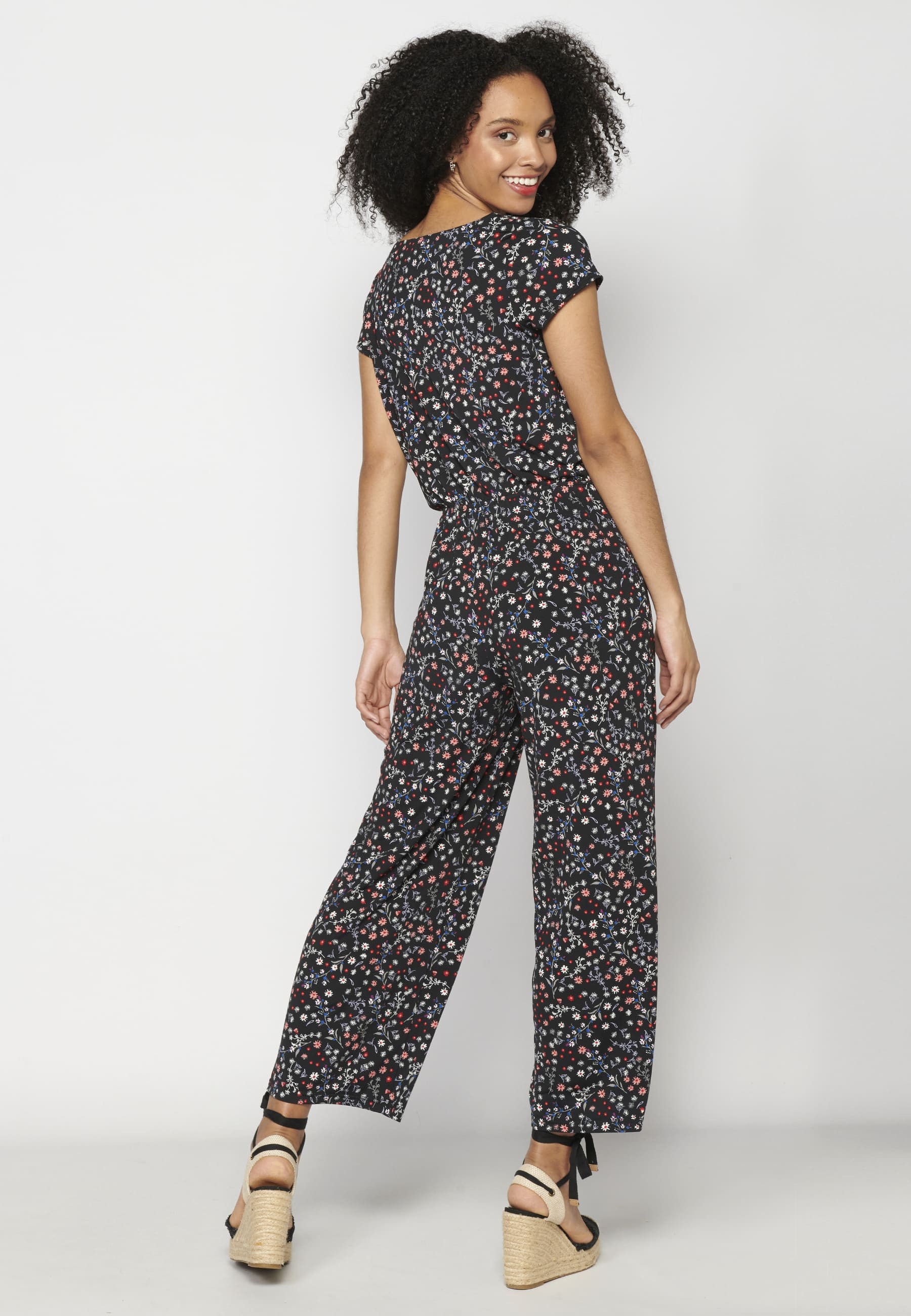 Black Floral Print Short Sleeve Long Pant Jumpsuit Dress for Women