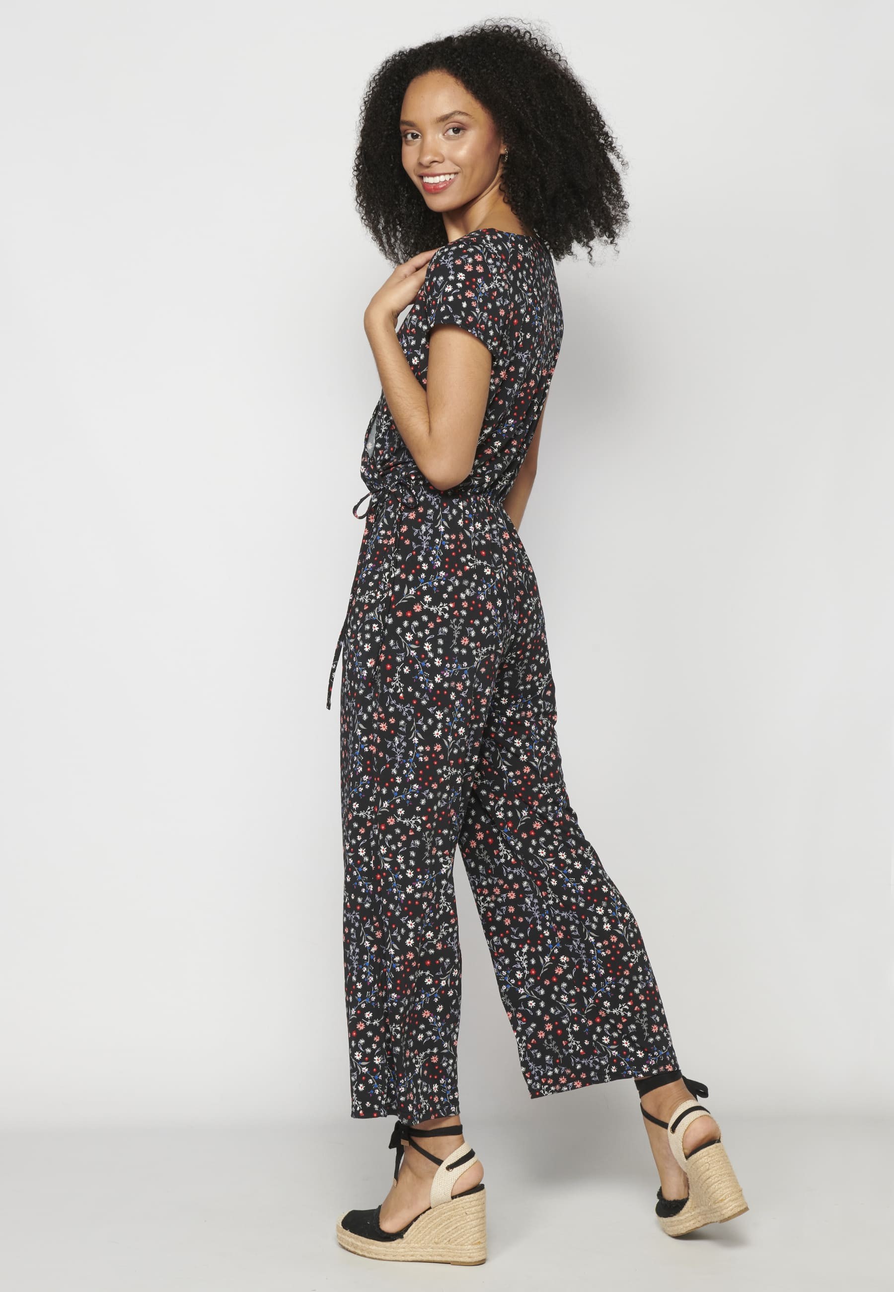 Black Floral Print Short Sleeve Long Pant Jumpsuit Dress for Women