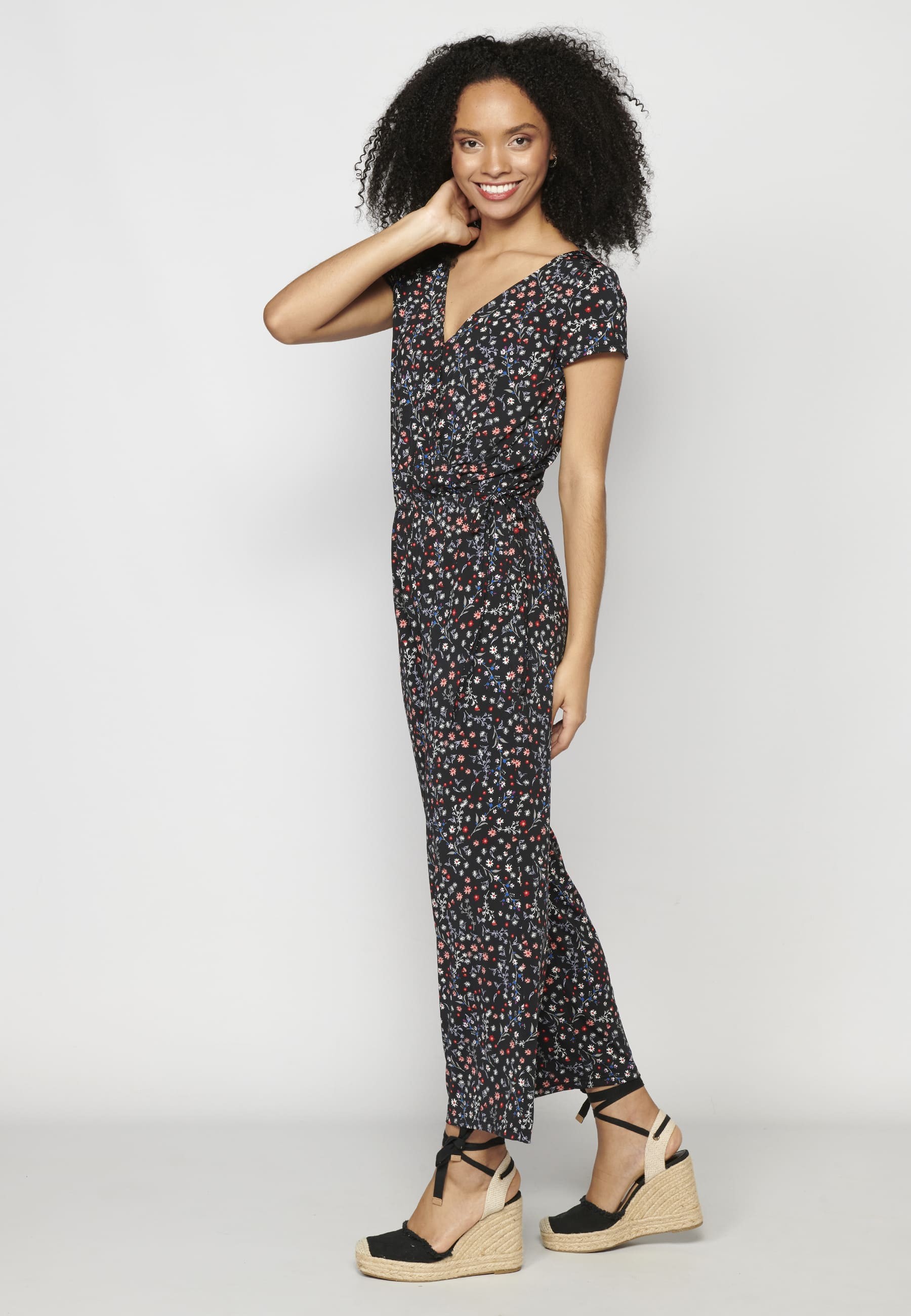 Black Floral Print Short Sleeve Long Pant Jumpsuit Dress for Women