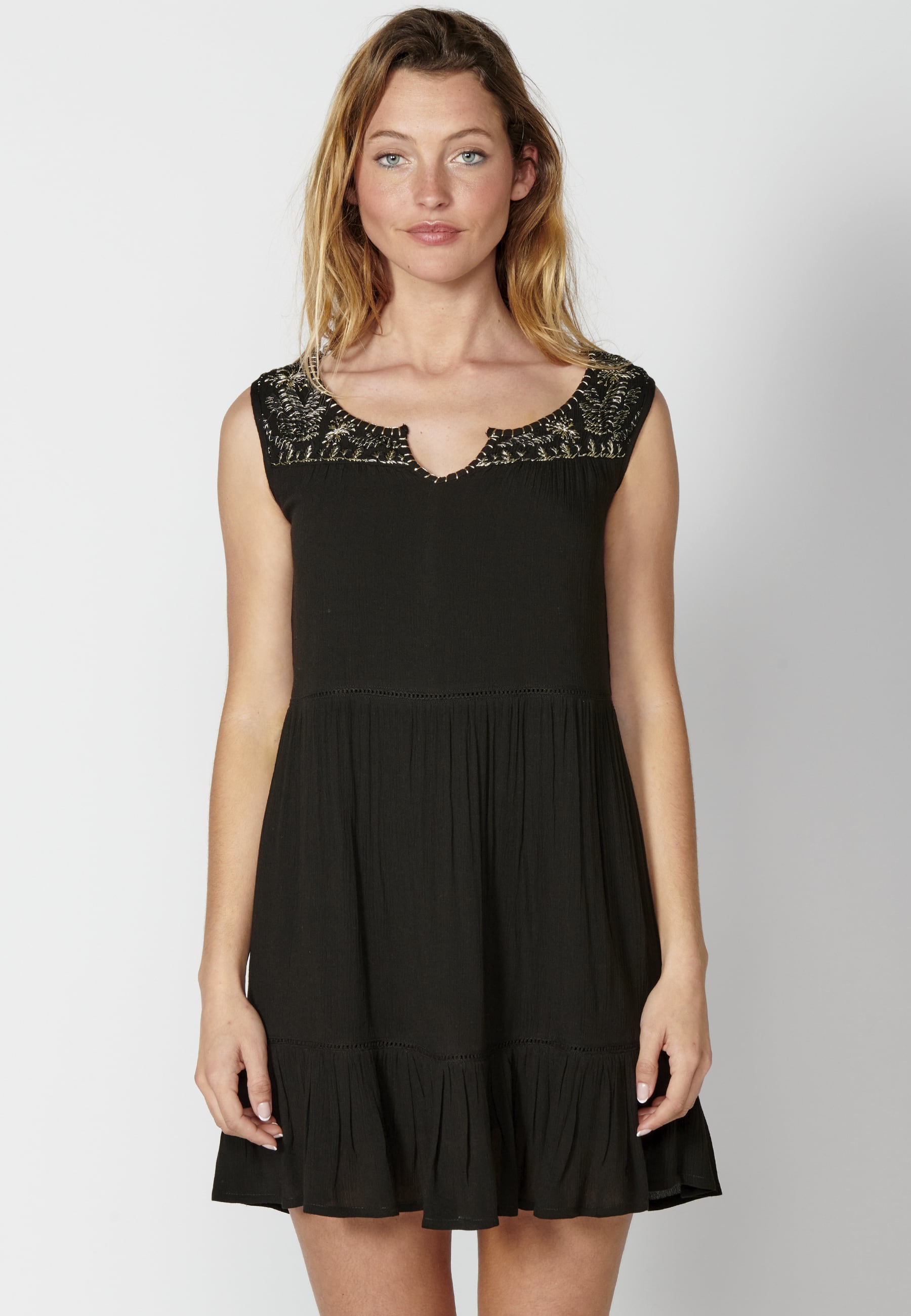 Flowy dress with straps with embroidered detail in Black color for Woman