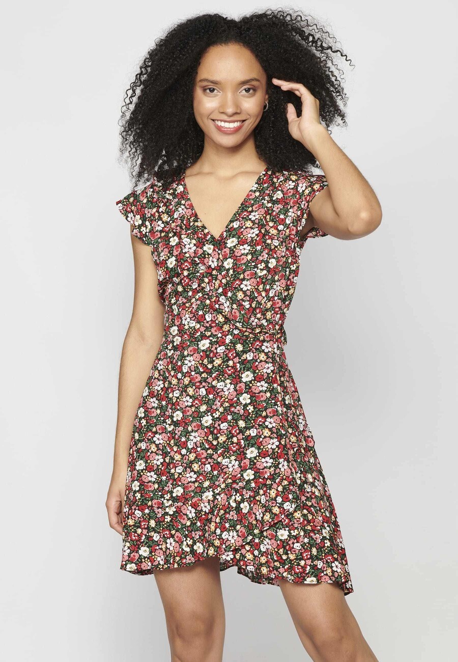 Vestido corto de manga corta escote de pico cruzado y estampado floral color Multicolor para Mujer