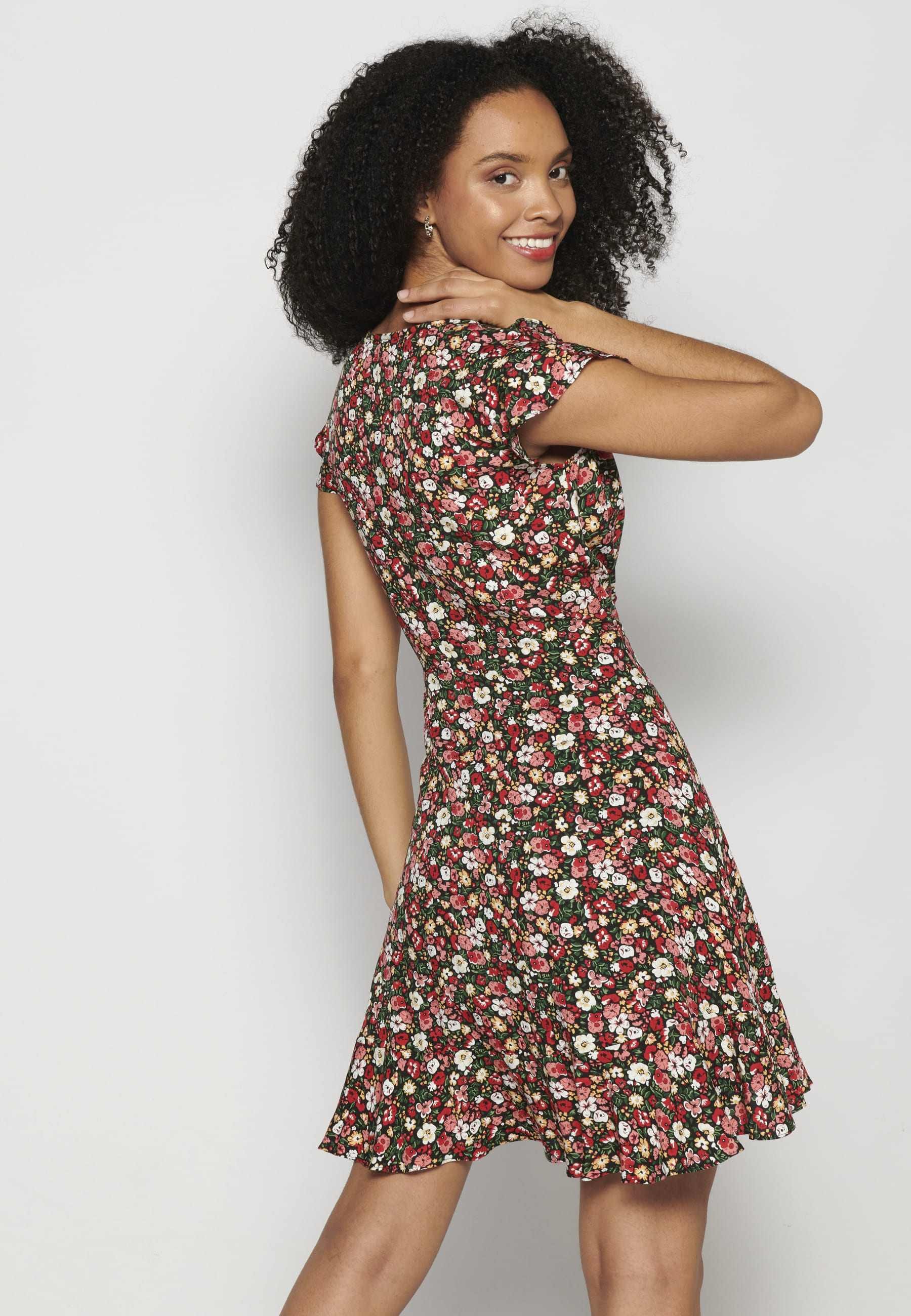 Short-sleeved dress with crossed V-neckline and floral print in Multicolor for Woman