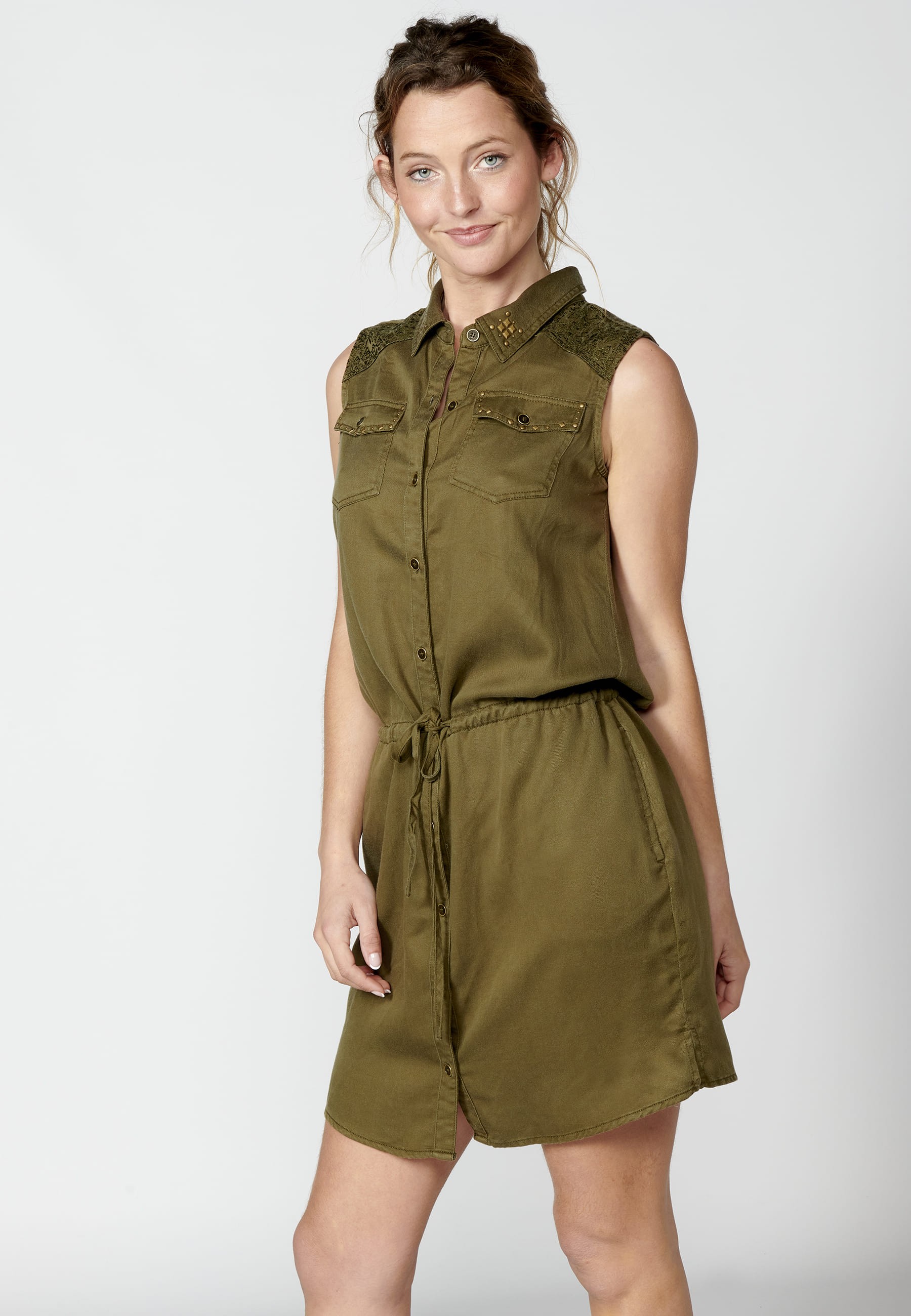 Short-sleeved dress with a shirt neckline and Kaki embroidery for Woman 6
